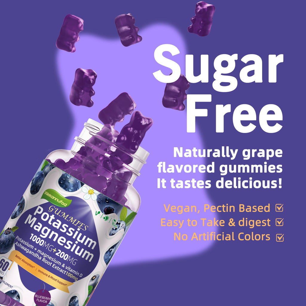 Potassium Magnesium Gummies - High Absorption Magnesium Glycinate, B6, D3, Potassium Citrate (Sugar-Free) Blueberry 60 Gummies