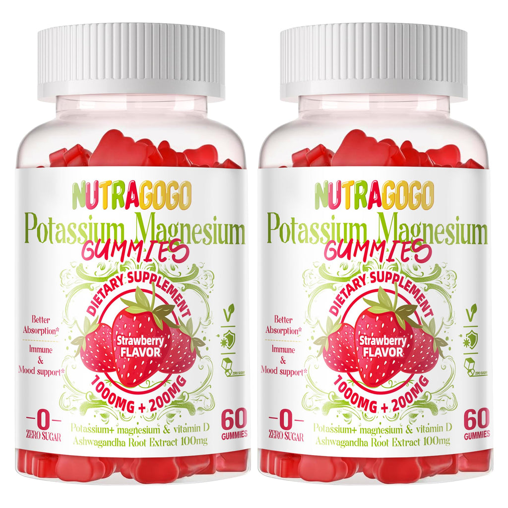 Potassium Magnesium Gummies with Ashwagandha – High Absorption Magnesium Glycinate, D3, B6 | Sugar-Free 120 Strawberry Chews