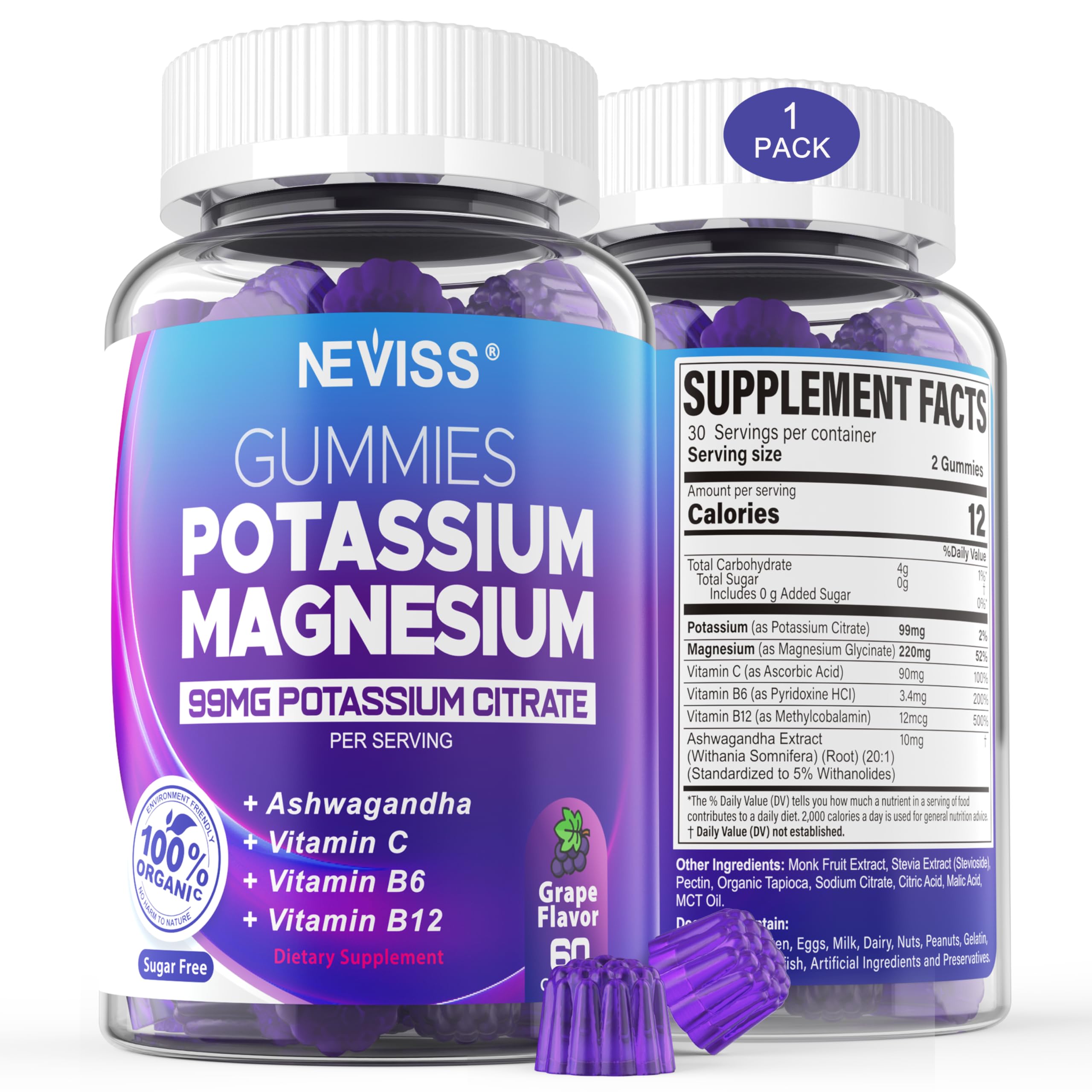 Potassium Magnesium Gummies – Ashwagandha, Magnesium Glycinate, B6 & B12, Potassium Citrate | Sugar-Free Electrolyte Gummies for Leg Cramps and Muscle (1 Pack)