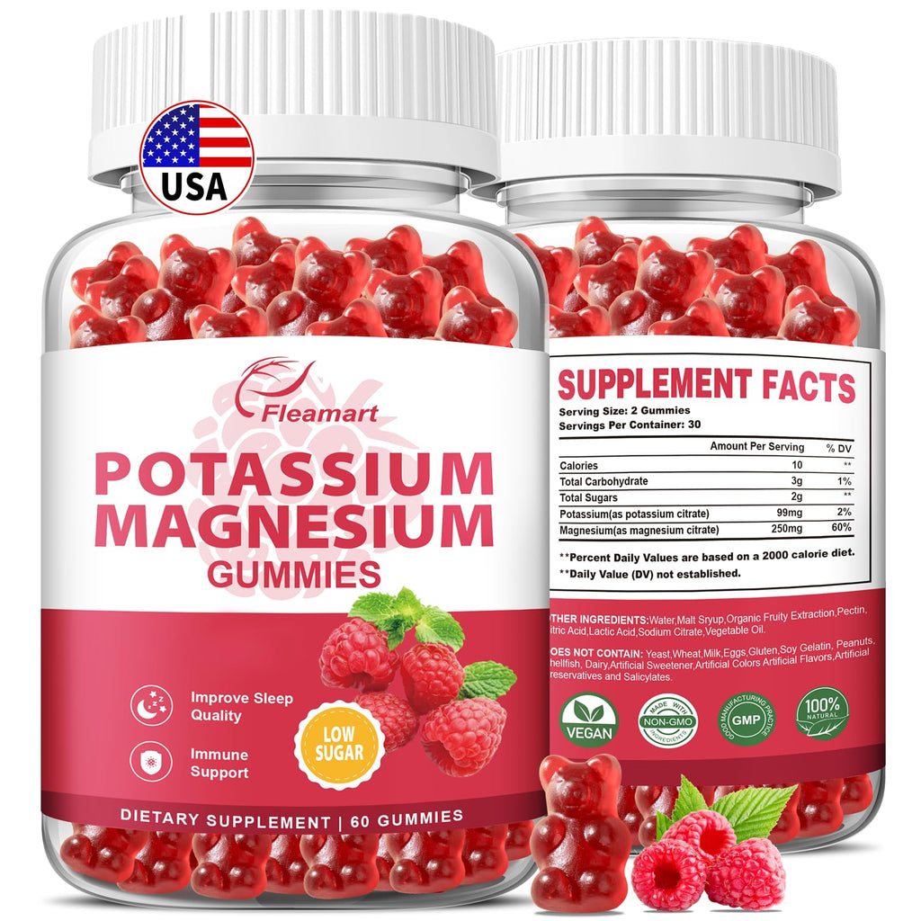 Potassium Magnesium Gummies – Potassium Citrate 99mg & Magnesium Citrate 250mg | Immune Support Raspberry, 60 Gummies (2 Pack)