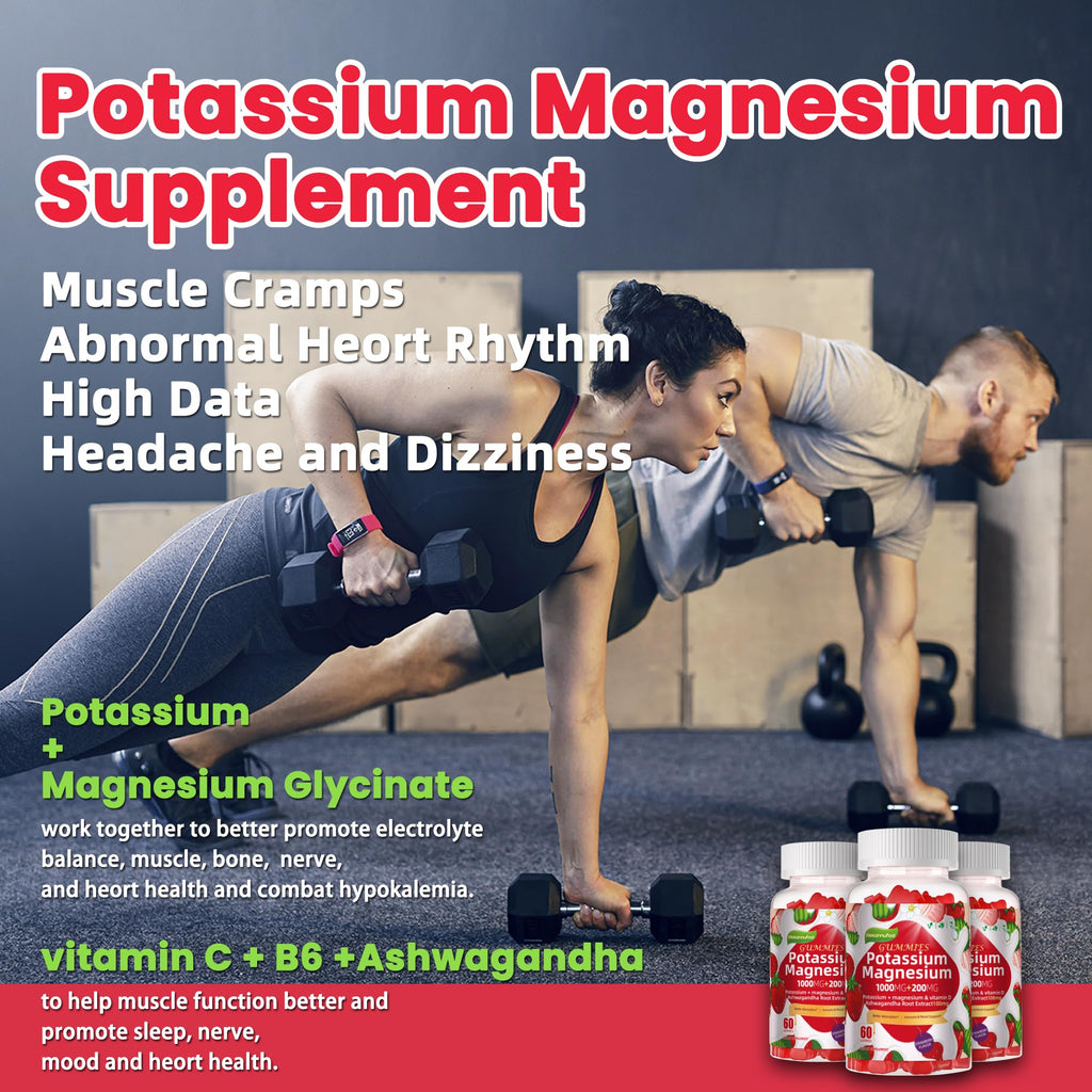 Potassium Magnesium Gummies – High Absorption Magnesium Glycinate, B6, D3, Potassium Citrate | Sugar-Free Strawberry Flavor, 60 Gummies