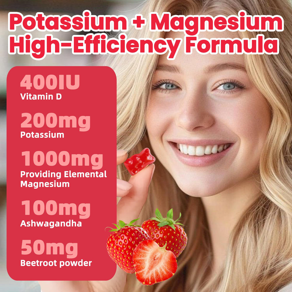 Potassium Magnesium Gummies – High Absorption Magnesium Glycinate, B6, D3, Potassium Citrate | Sugar-Free Strawberry Flavor, 60 Gummies