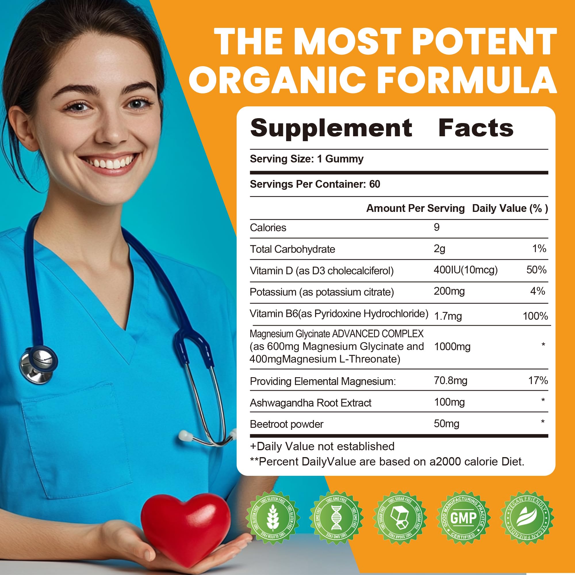 Potassium Magnesium Gummies — High Absorption Magnesium Glycinate, Vitamin D3 & B6 | Sugar-Free 60 Gummies (Sweet Orange)