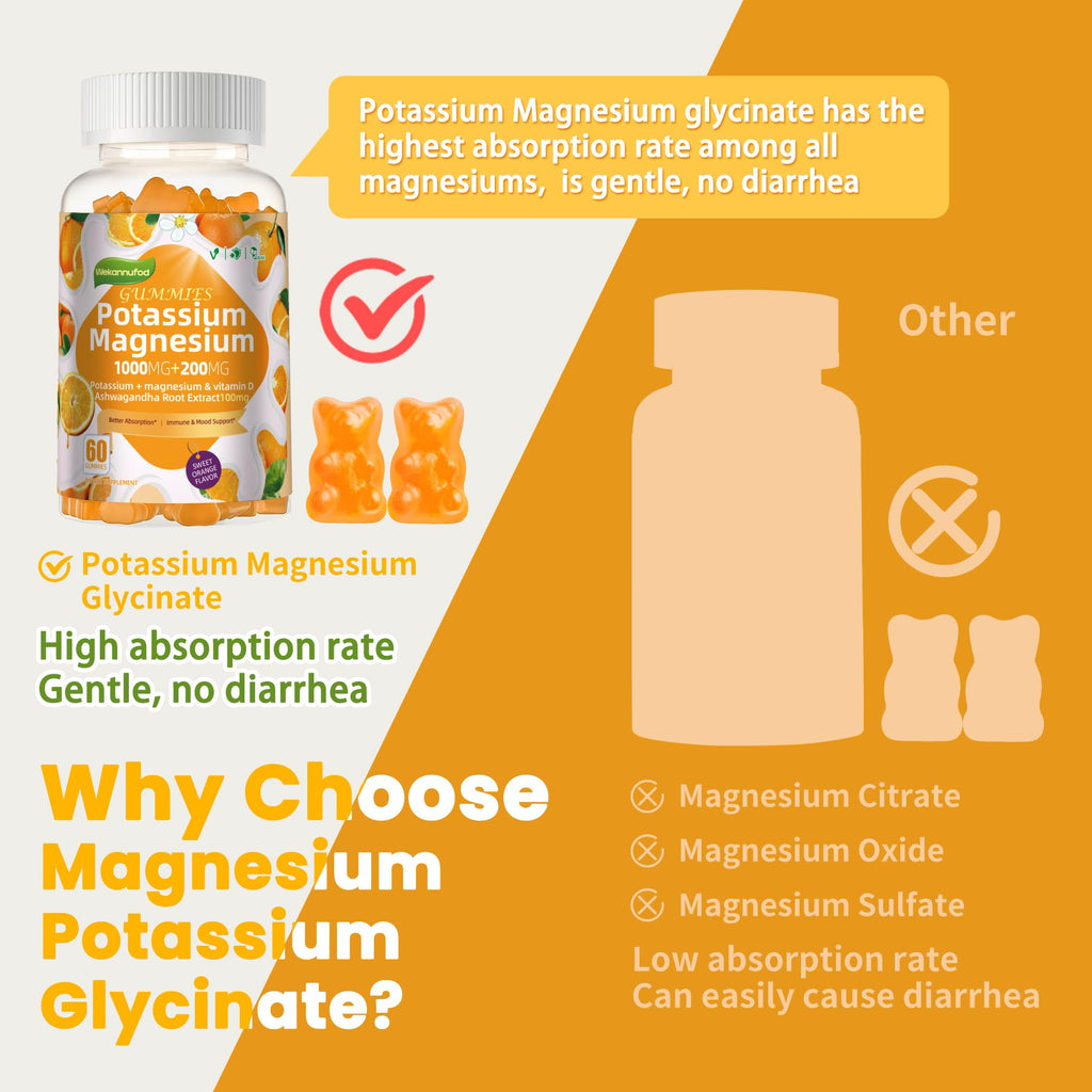 Potassium Magnesium Gummies — High Absorption Magnesium Glycinate, Vitamin D3 & B6 | Sugar-Free 60 Gummies (Sweet Orange)