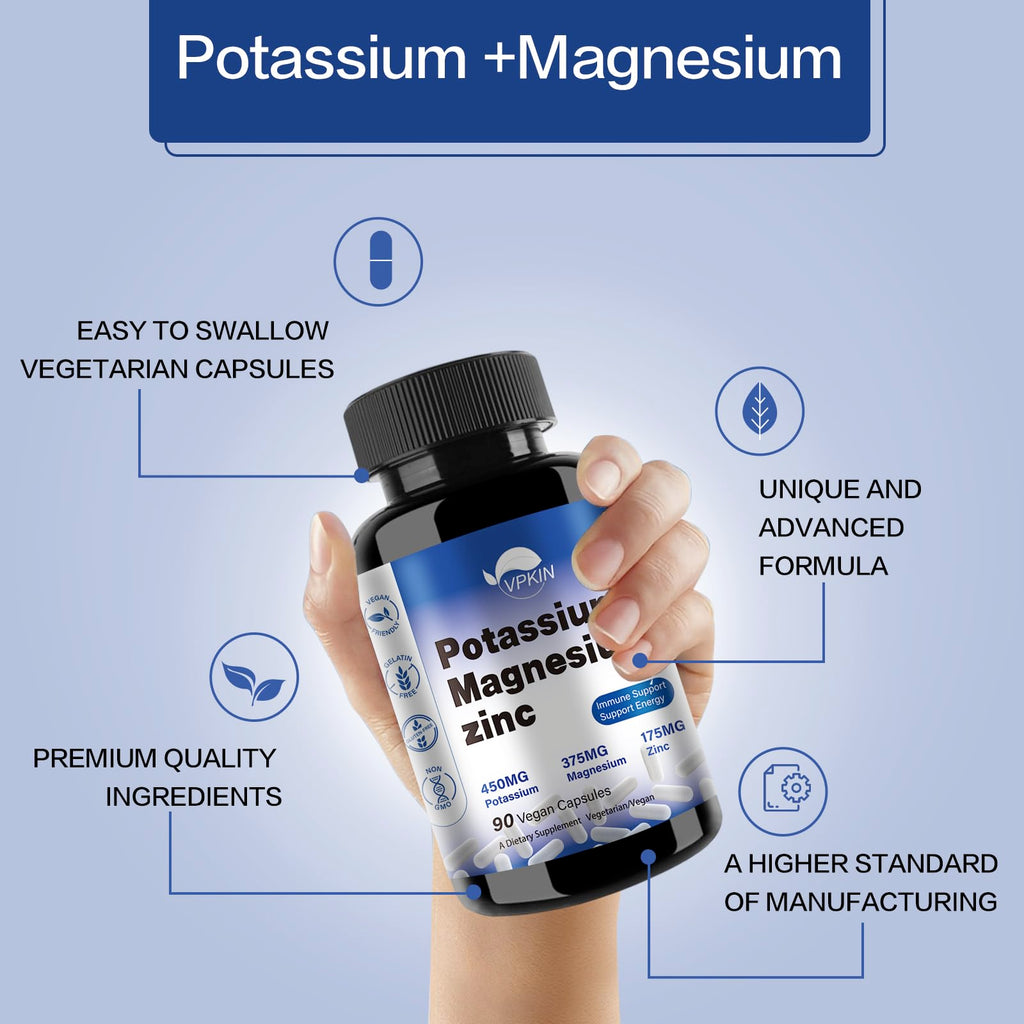 Potassium Magnesium Supplement 1000mg - High Absorption Mg + Potassium + Zinc | 90 Capsules
