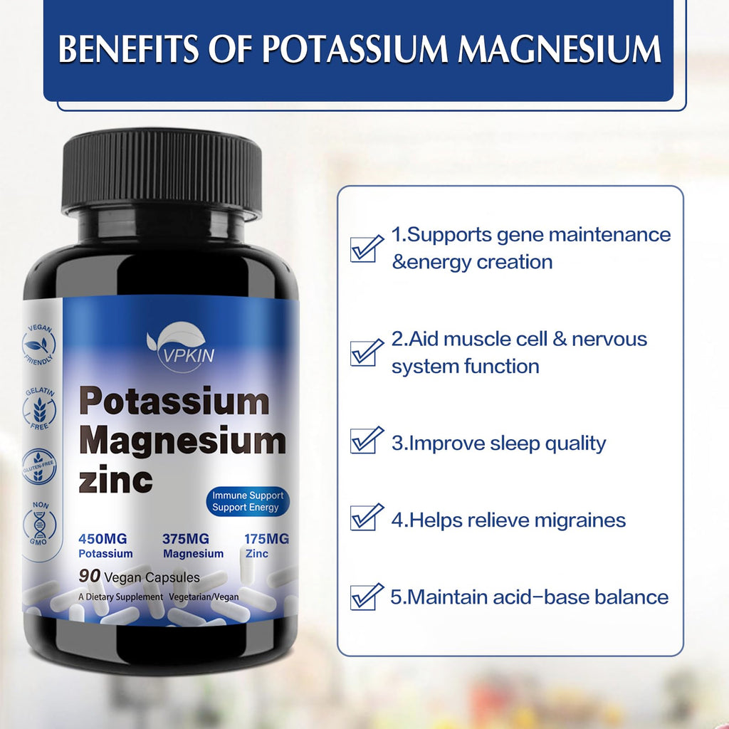 Potassium Magnesium Supplement 1000mg - High Absorption Mg + Potassium + Zinc | 90 Capsules