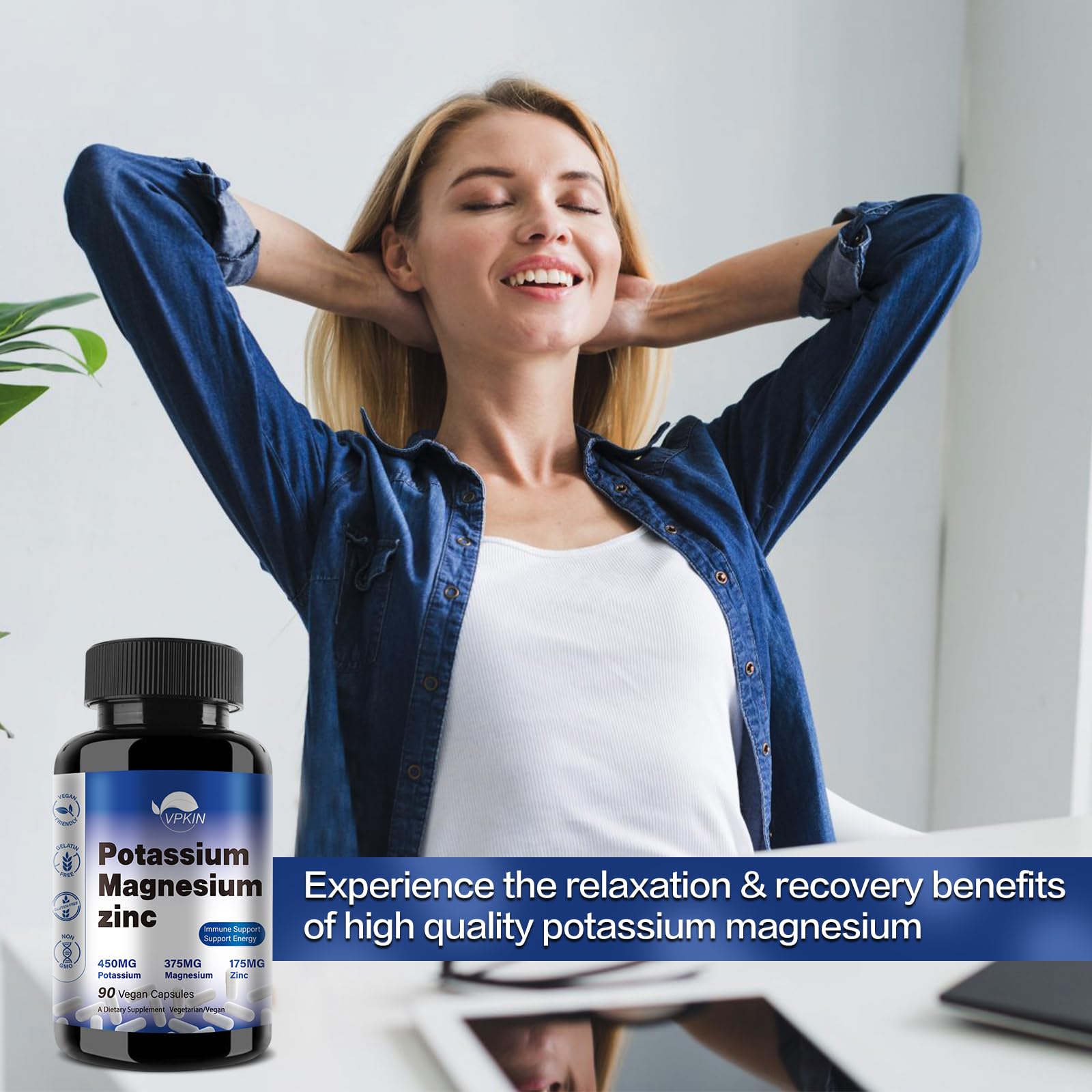 Potassium Magnesium Supplement 1000mg - High Absorption Mg + Potassium + Zinc | 90 Capsules