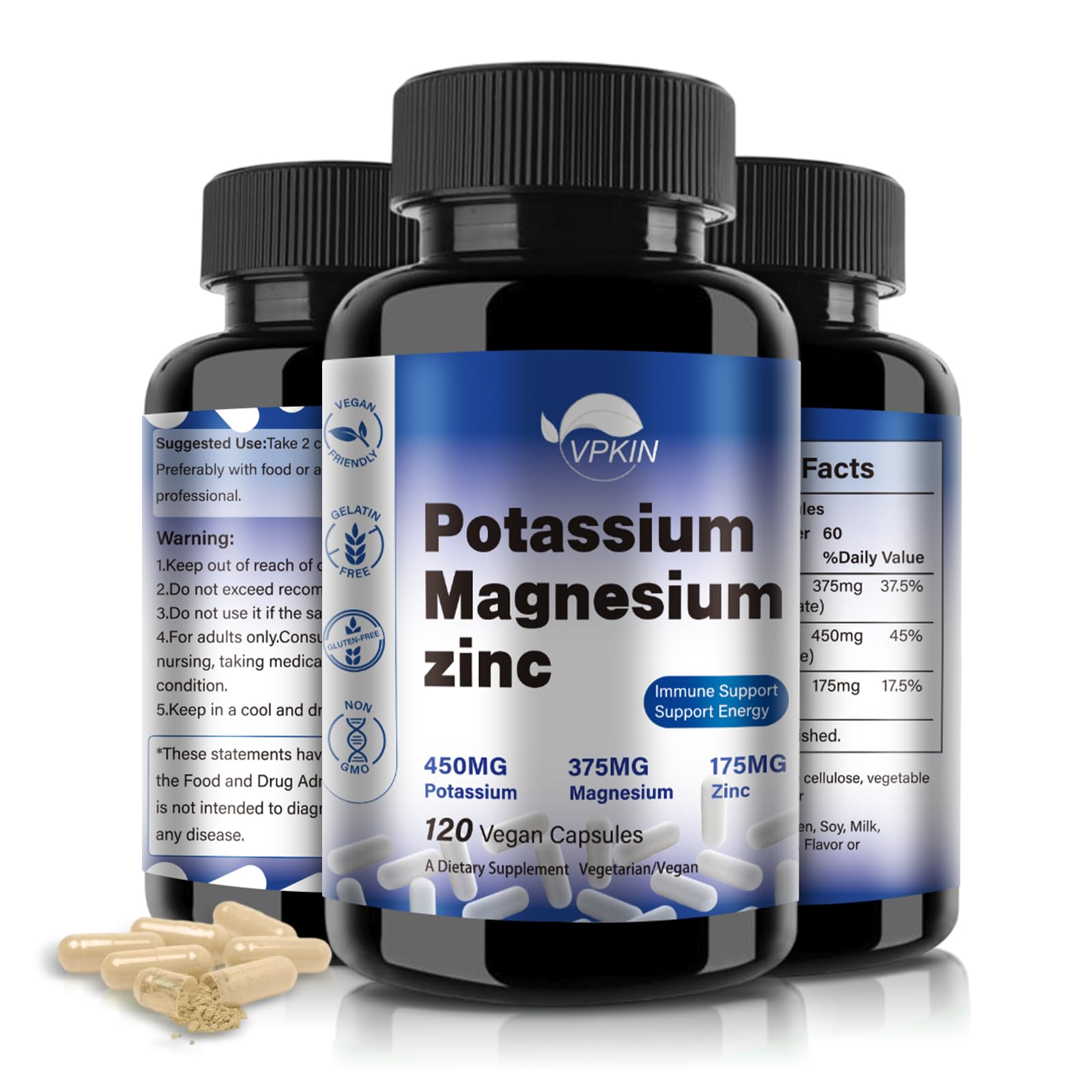 Potassium Magnesium 1000mg Supplement – Vegan, Non-GMO, 120 Capsules
