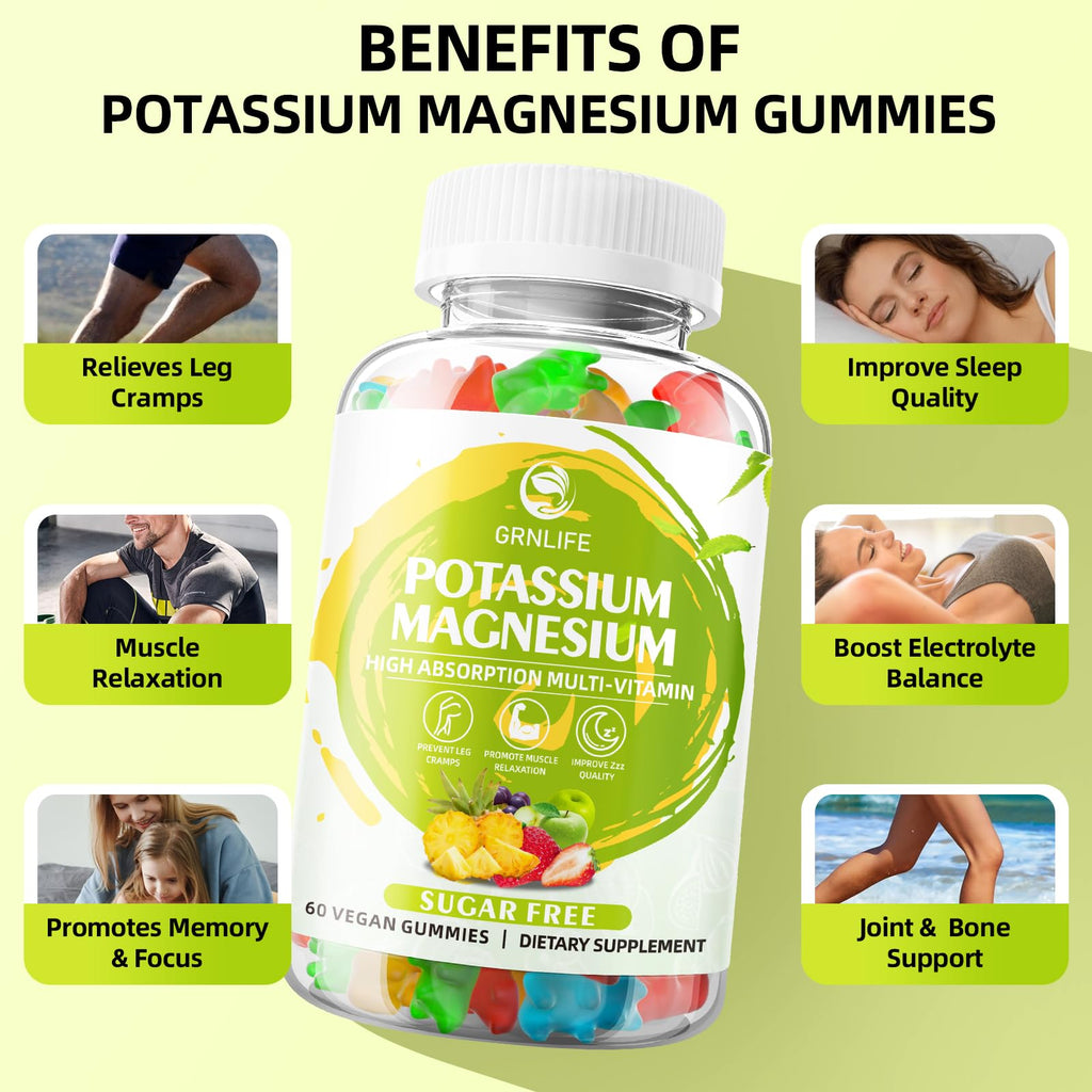 Potassium Magnesium Supplement Gummies – High Absorption Magnesium Glycinate, Sugar-Free & Vegan, 60 Count