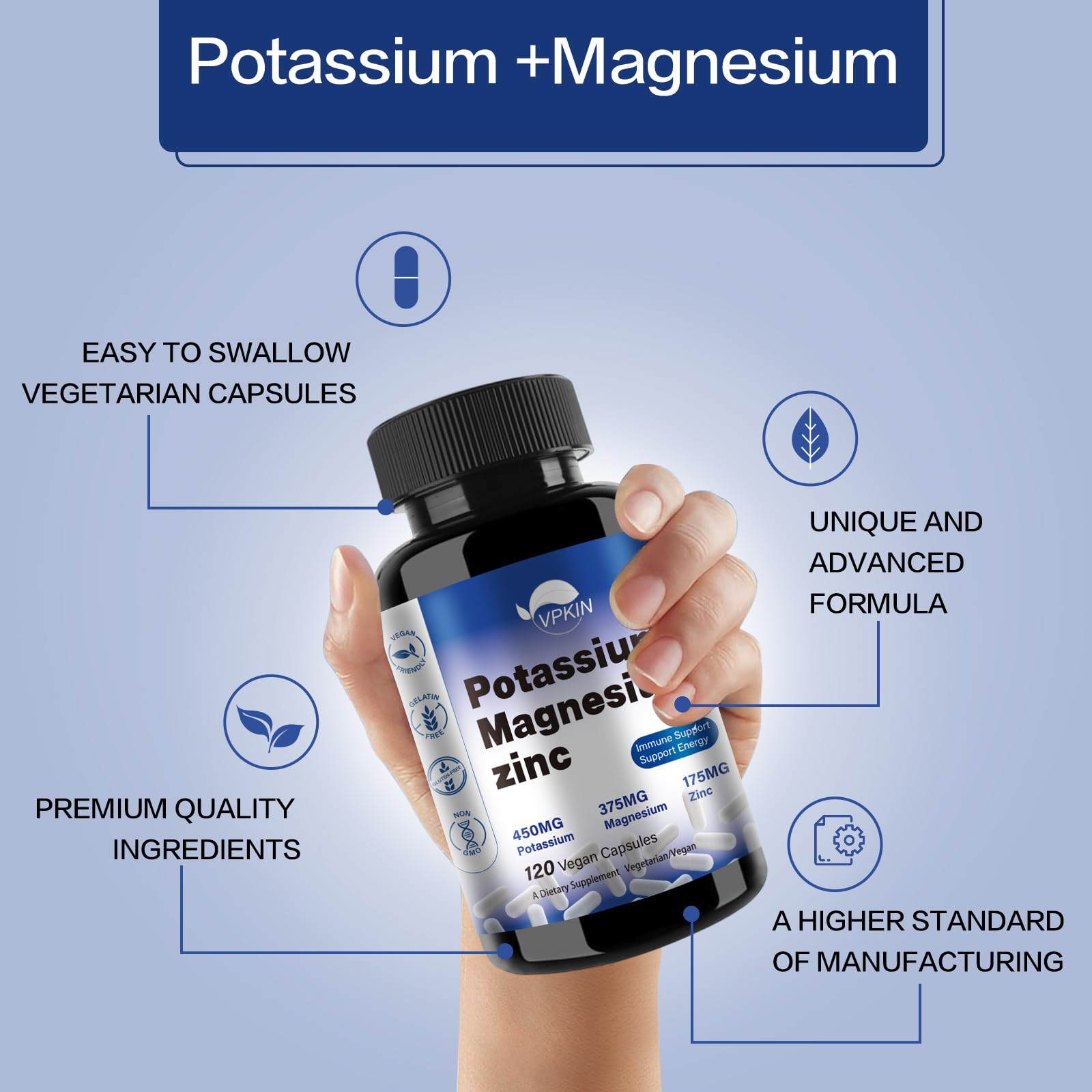 Potassium Magnesium 1000mg Supplement – Vegan, Non-GMO, 120 Capsules