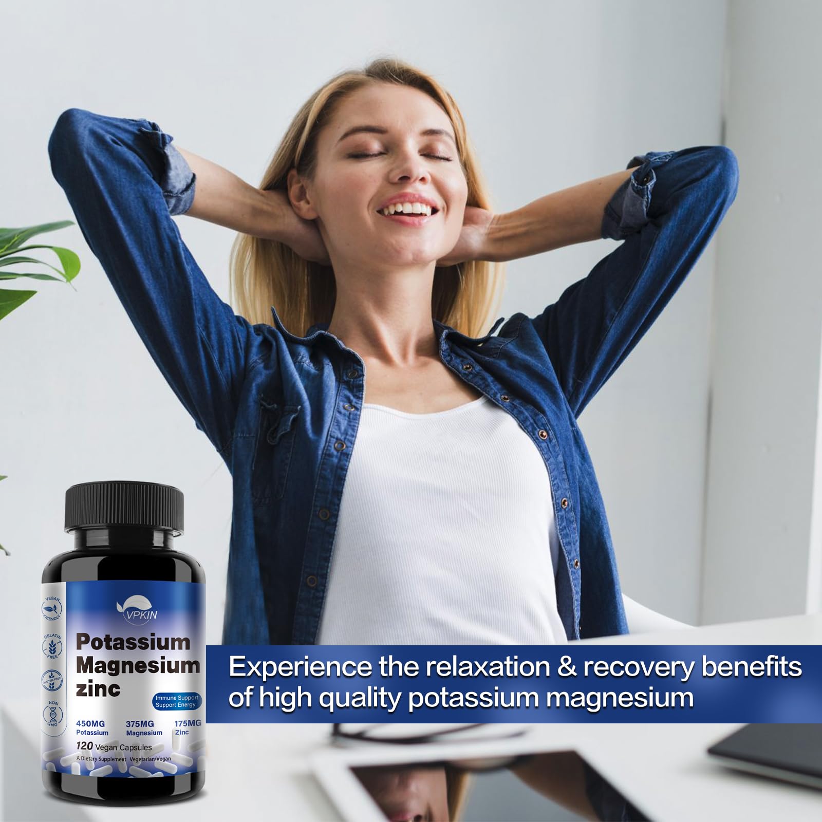 Potassium Magnesium 1000mg Supplement – Vegan, Non-GMO, 120 Capsules