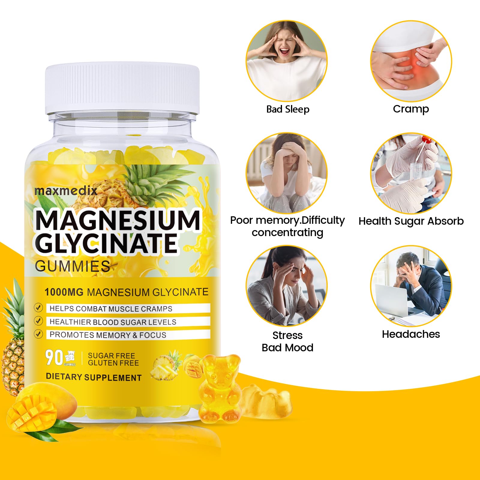 Magnesium Glycinate Gummies 1000mg – Sugar Free, Potassium Support (90 Mango Pineapple Gummies)