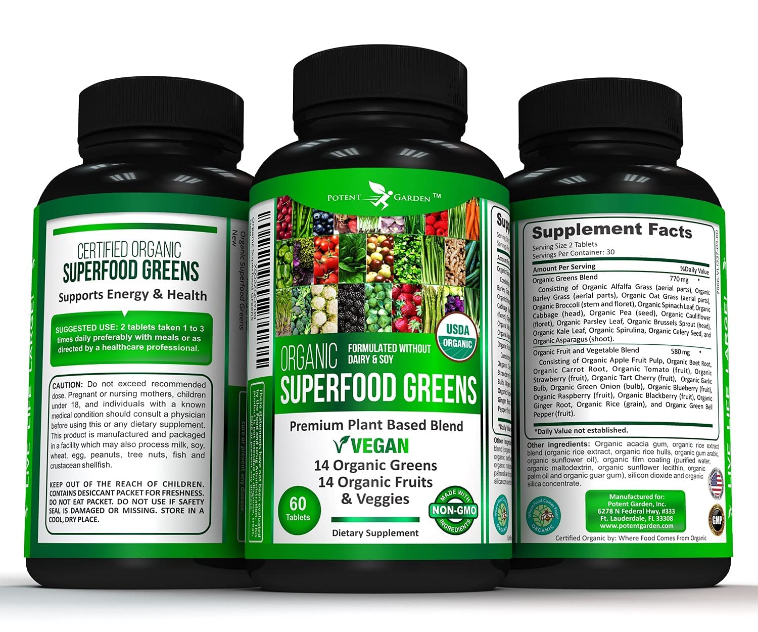 Potent Garden Organic Superfood Greens – Fruit & Veggies Tablets (60 Count) | Boost Energy, Immunity & Gut Health