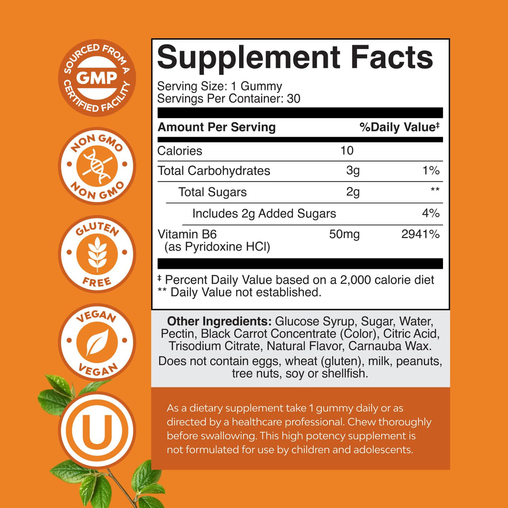 Potent Vitamin B6 Gummies for Adults – Vegan B6 (Pyridoxine) for Mood, Energy & Nervous System Support