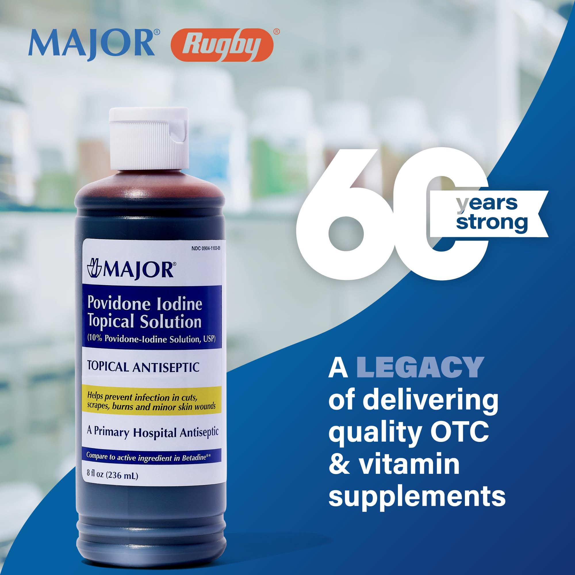 Major 10% Povidone-Iodine Topical Solution USP – Antiseptic for Cuts, Scrapes, Burns, and Minor Wounds, 8 fl oz (1 Pack)