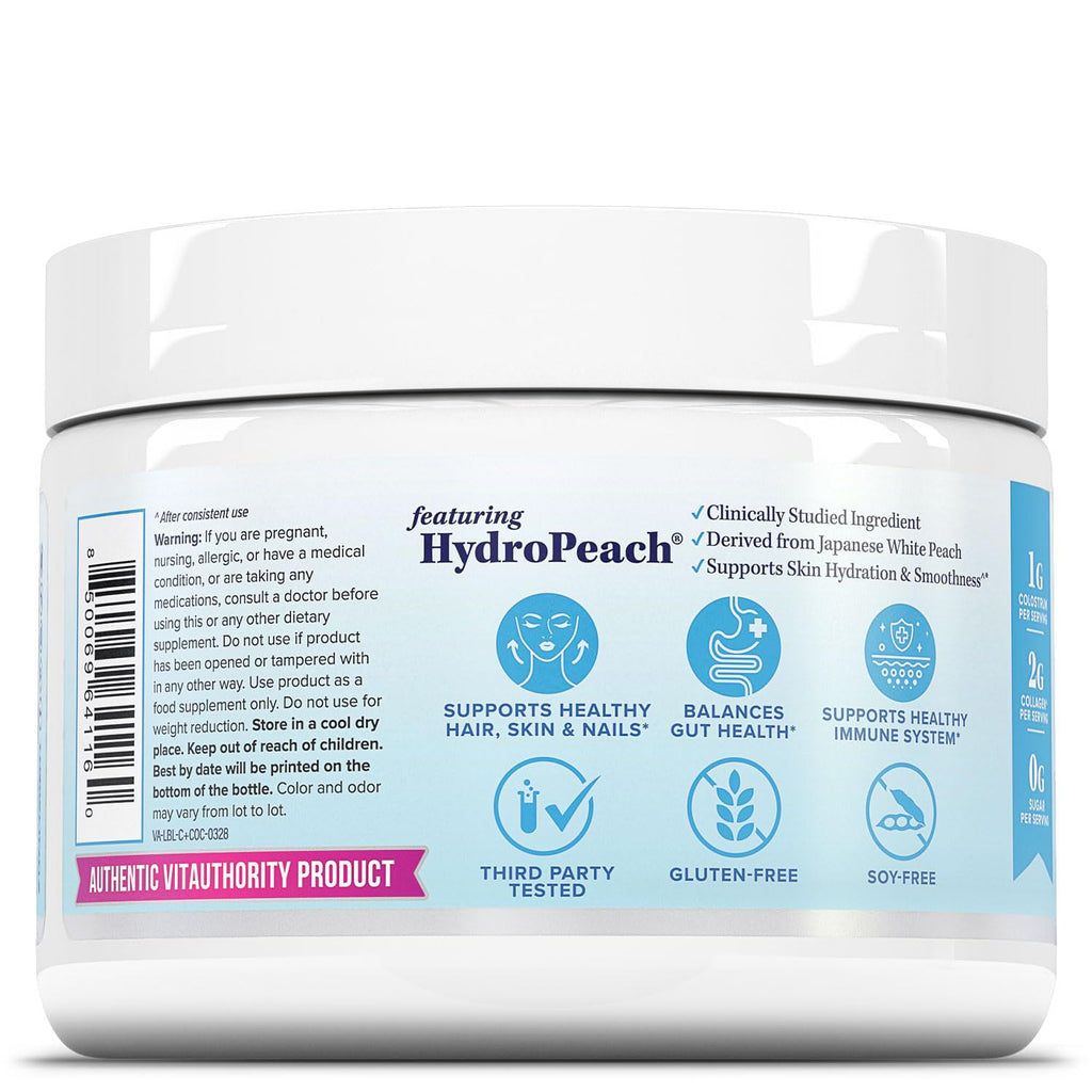 Colostrum Collagen Peptide Powder with HydroPeach – Gut Health, Skin & Immune Support | 25 Servings | Unflavored