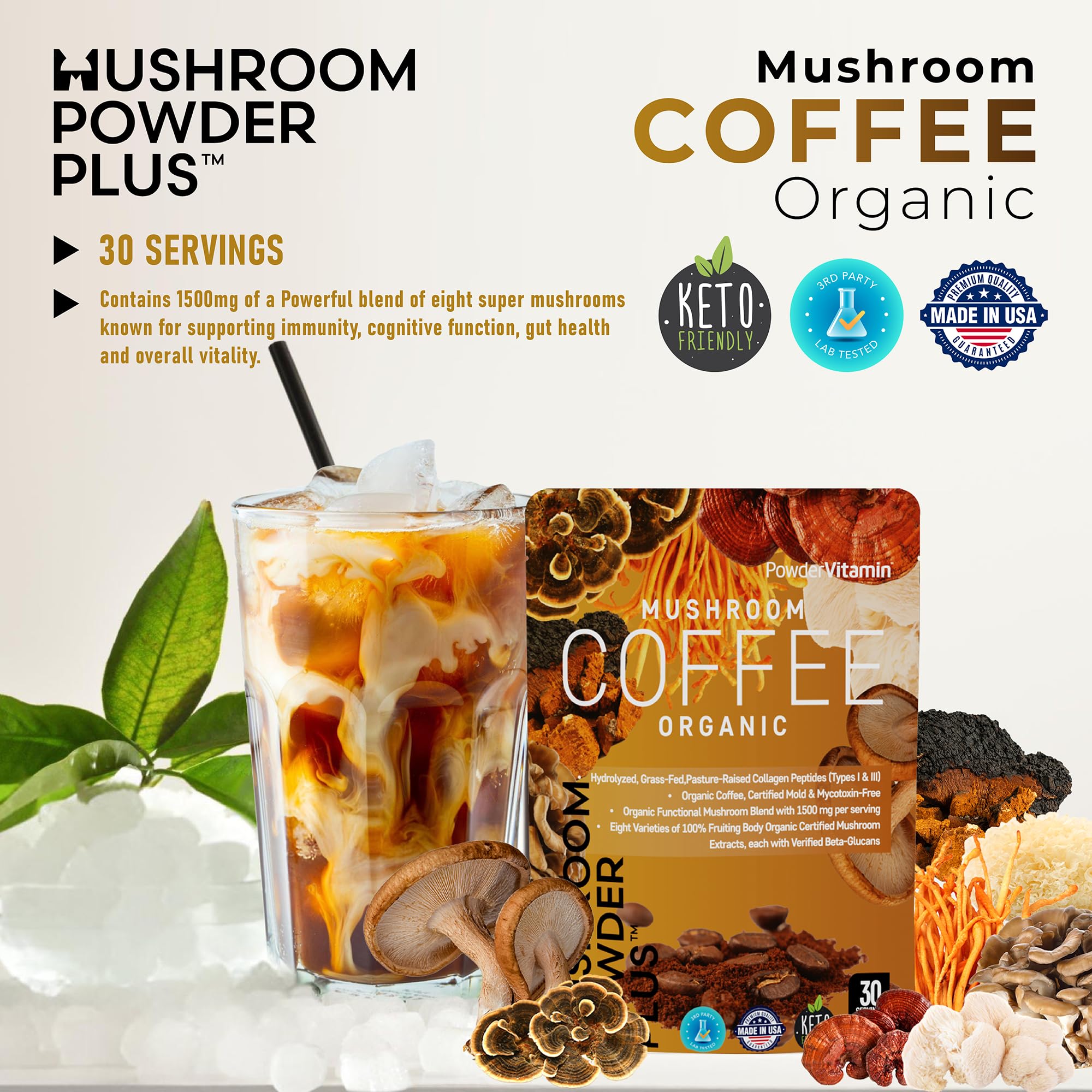 PowderVitamin Organic Mushroom Coffee with Grass-Fed Collagen Energy