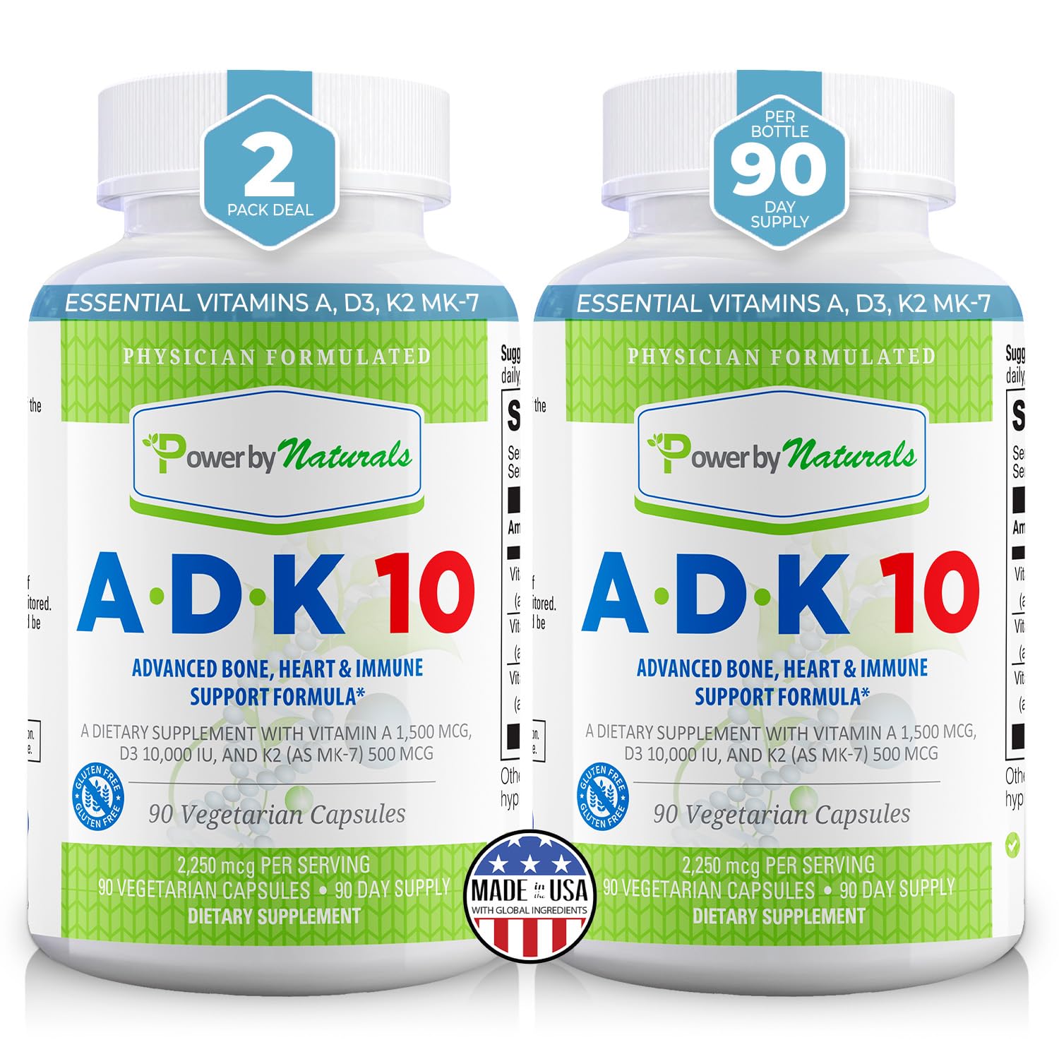 Power By Naturals ADK 10 – High Potency Vitamin A D3 K2 (90 Caps, 2-Pack)