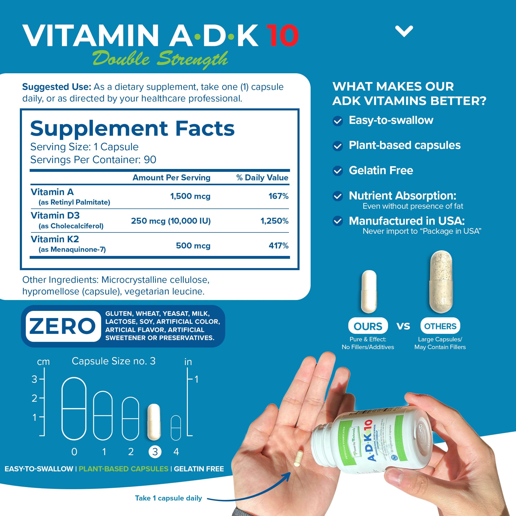Power By Naturals ADK 10 – High Potency Vitamin A D3 K2 (90 Caps, 2-Pack)