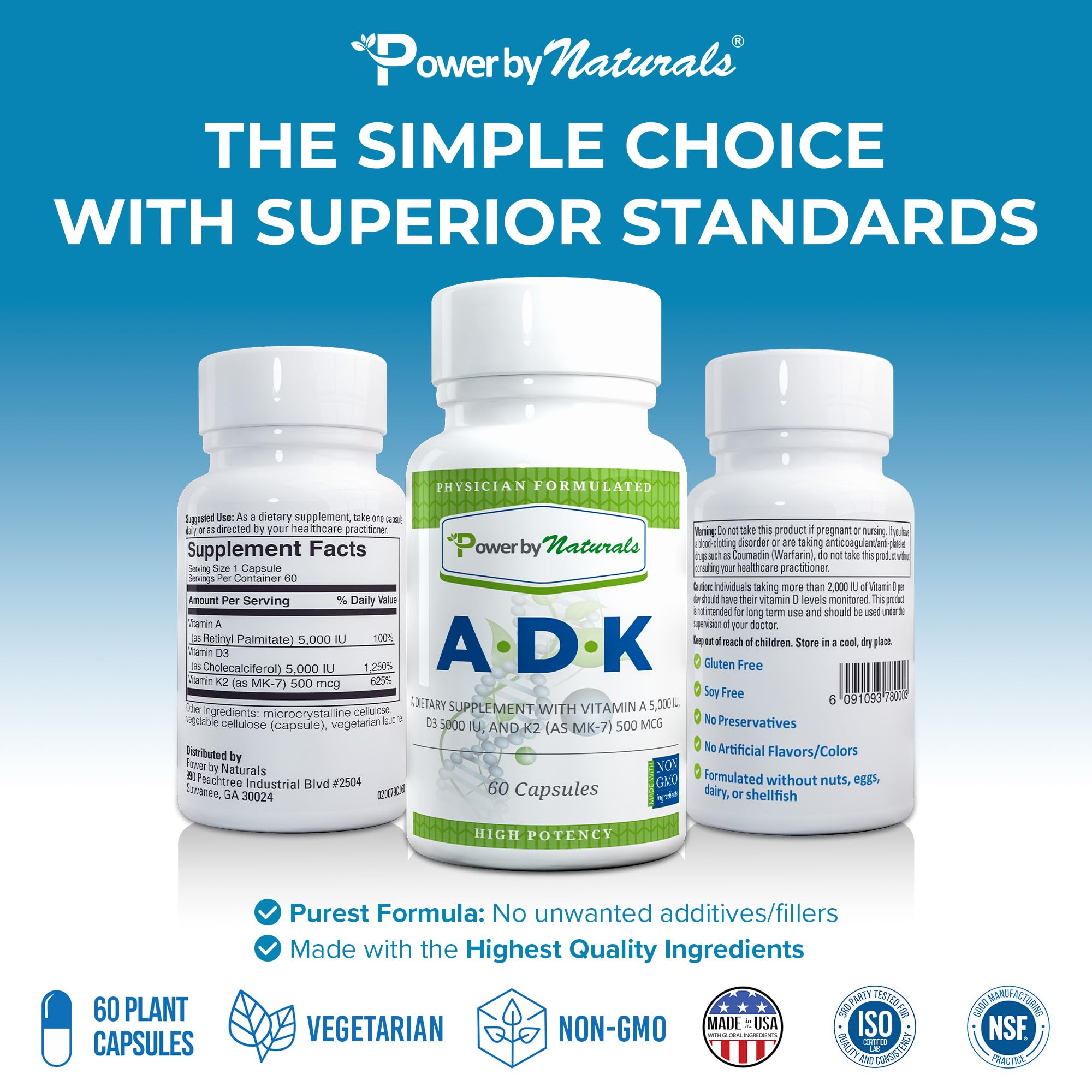 Power By Naturals ADK Vitamin Supplement 60 Capsules - High Potency A D3 K2 5000 IU