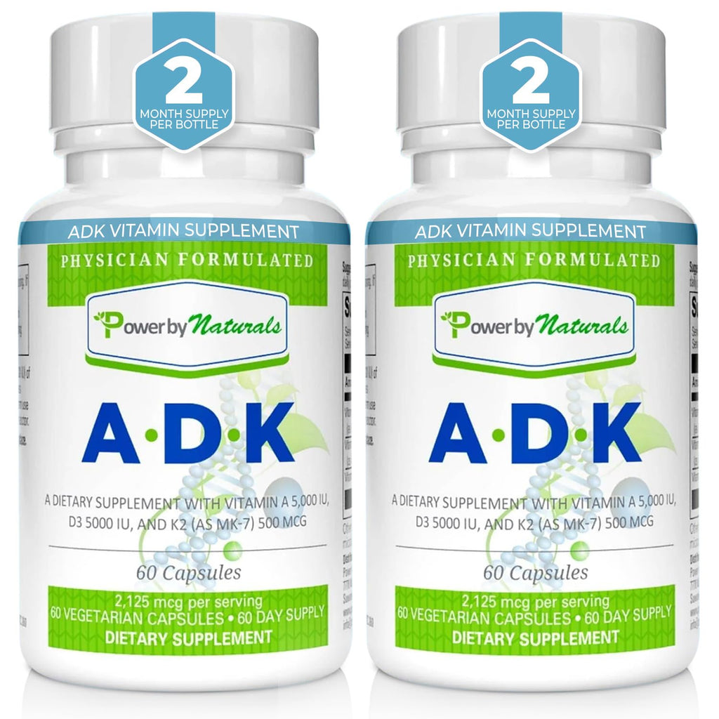 Power By Naturals ADK Vitamin Supplement: Vitamin A, D3 5000 IU, and Vitamin K2 MK-7 for Bone Health | Pack of 2 (60 Capsules Each)