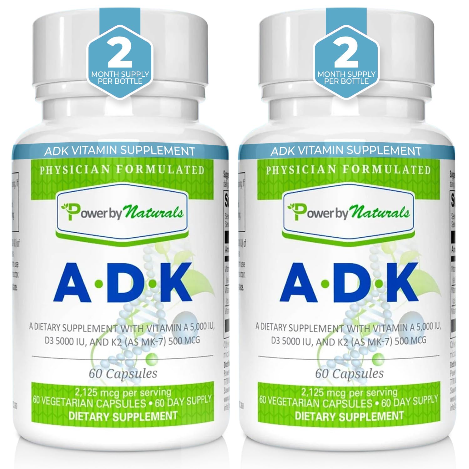 Power By Naturals ADK Vitamin Supplement: Vitamin A, D3 5000 IU, and Vitamin K2 MK-7 for Bone Health | Pack of 2 (60 Capsules Each)