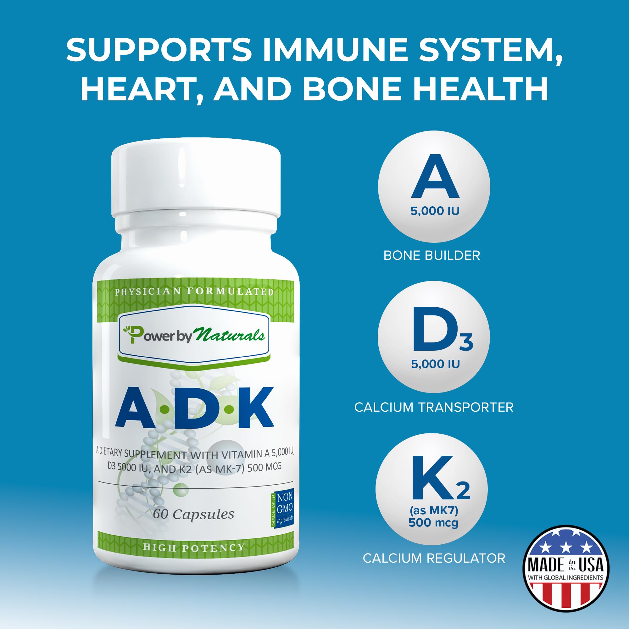 Power By Naturals ADK Vitamin Supplement 60 Capsules - High Potency A D3 K2 5000 IU