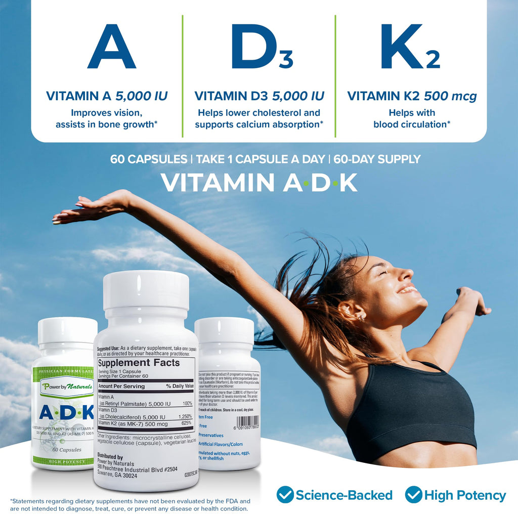 Power By Naturals ADK Vitamin Supplement 60 Capsules - High Potency A D3 K2 5000 IU