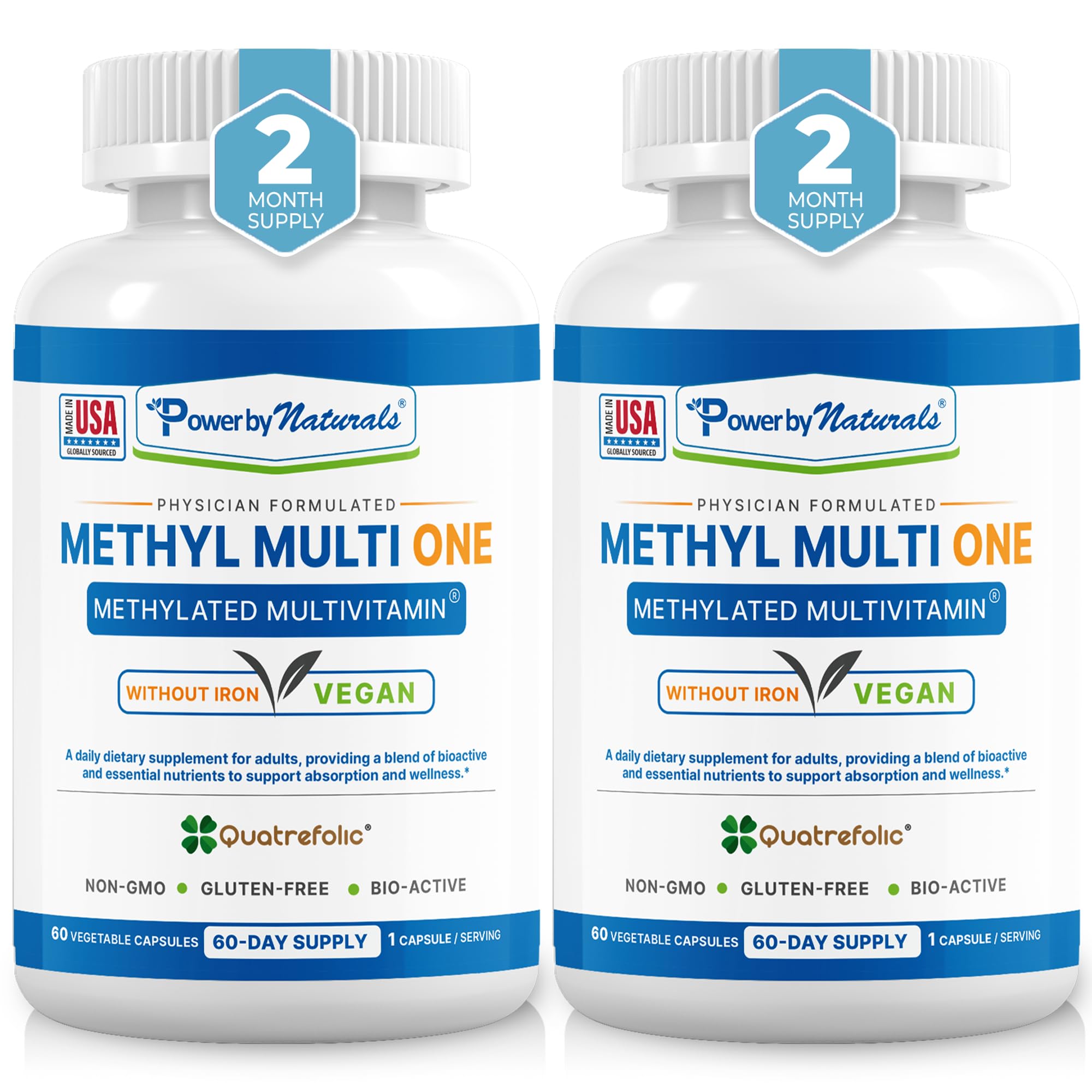 Power By Naturals Methyl Multi One – Iron-Free Methylated Multivitamin for Energy & MTHFR Support (60 capsules, 2-pack)