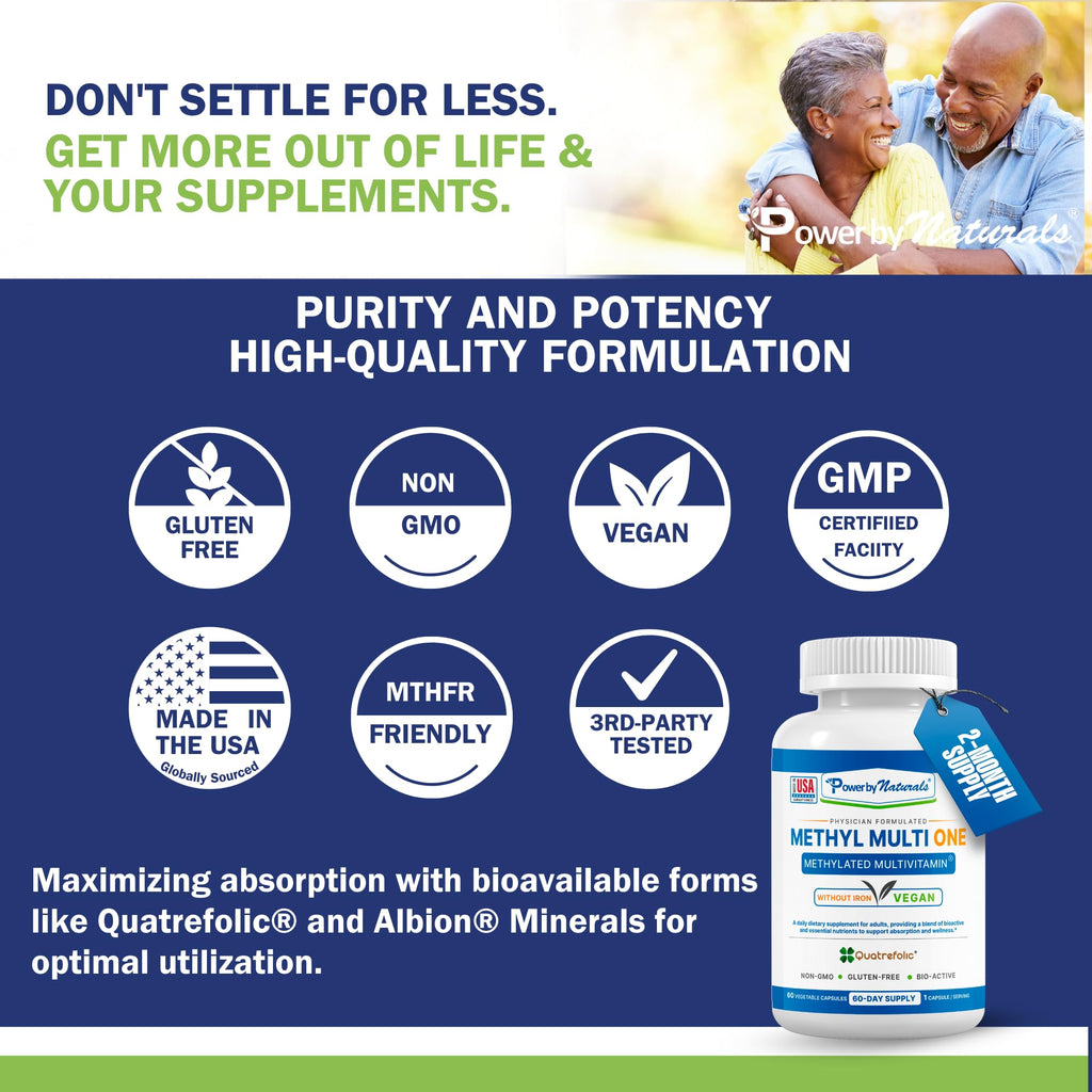 Power By Naturals Methyl Multi One – Iron-Free Methylated Multivitamin for Energy & MTHFR Support (60 capsules, 2-pack)