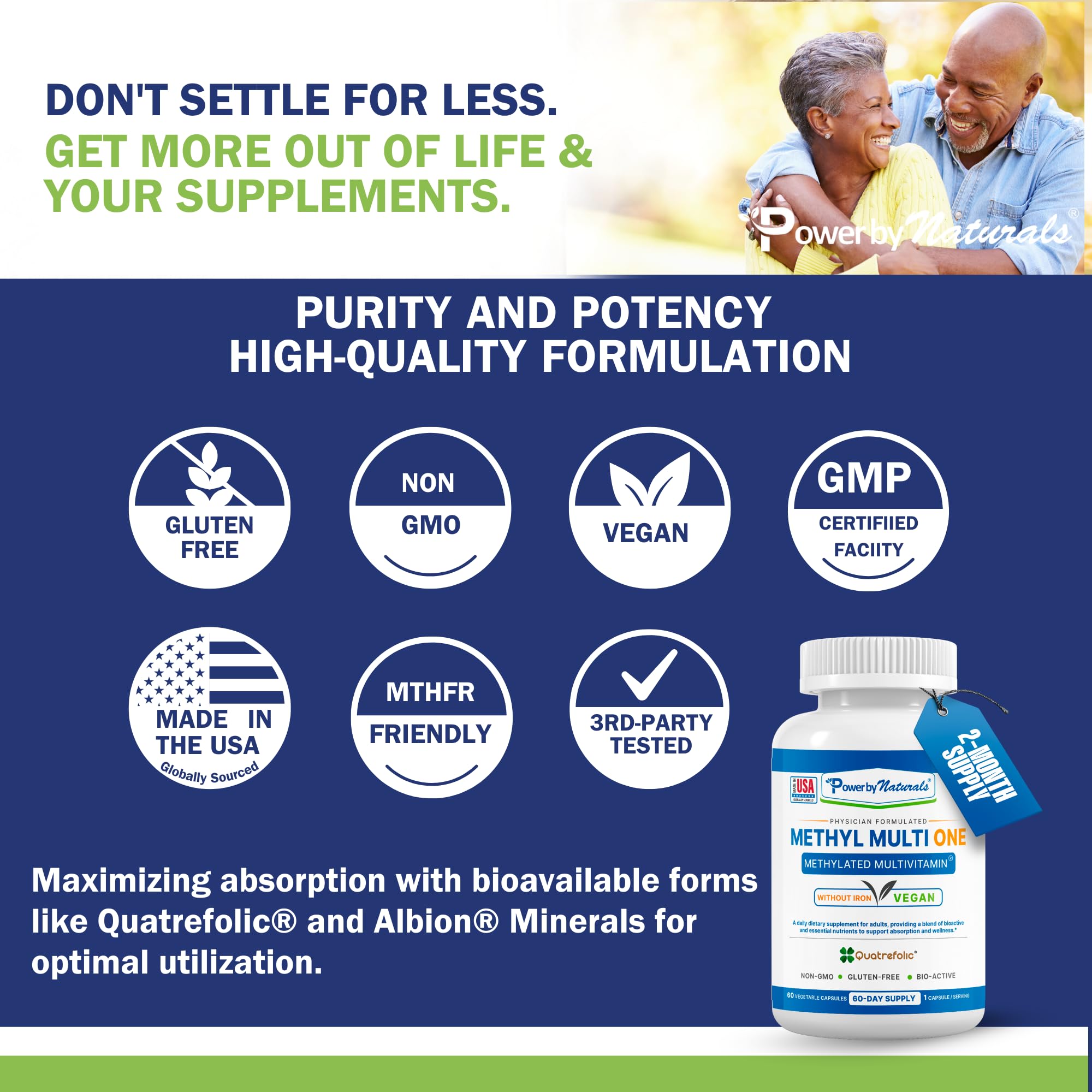 Power By Naturals Methyl Multi One – Iron-Free Methylated Multivitamin for Energy & MTHFR Support (60 capsules, 2-pack)