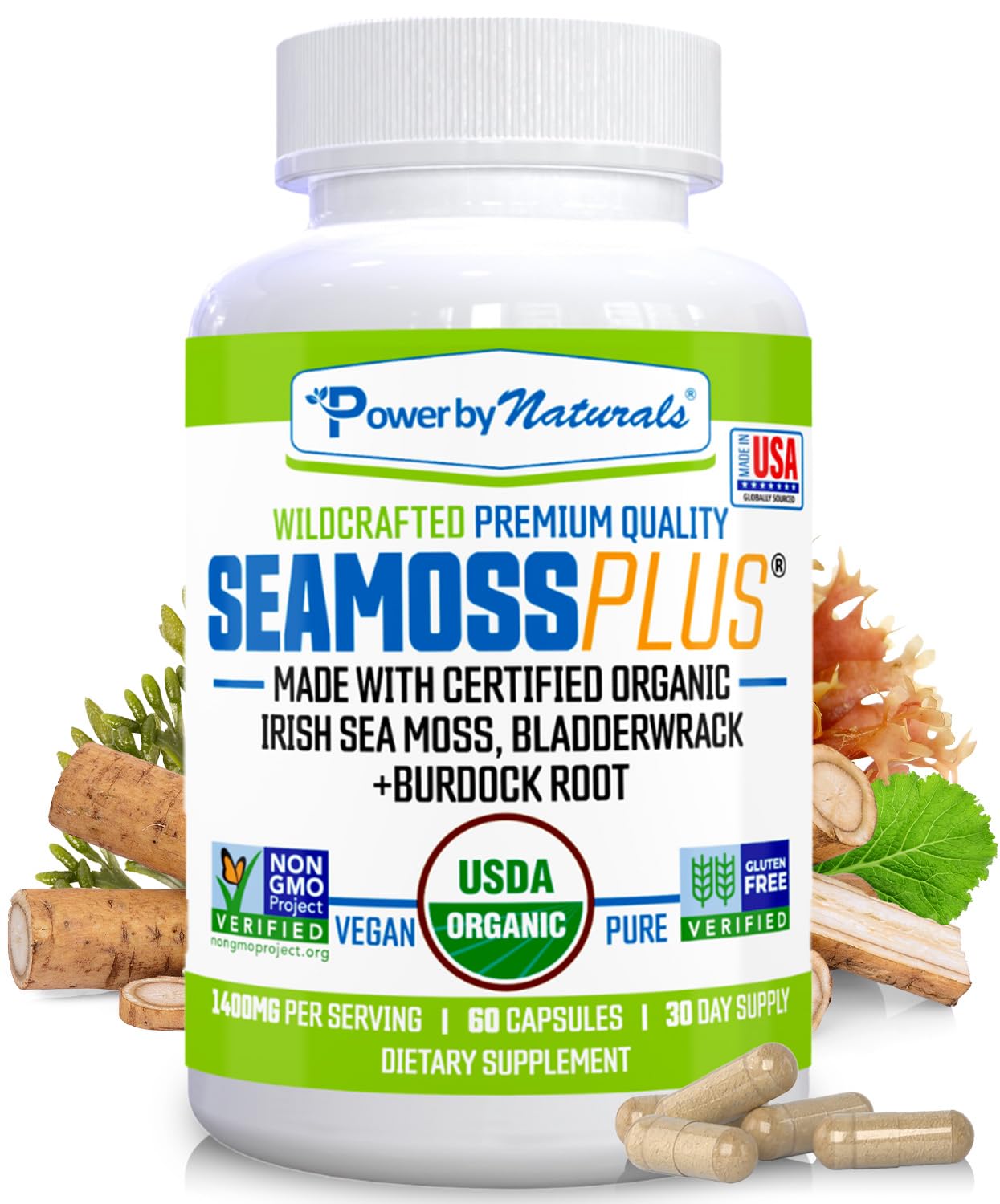 Power By Naturals SeaMoss Plus – USDA Organic Irish Sea Moss Capsules with Bladderwrack & Burdock Root (60 Count)