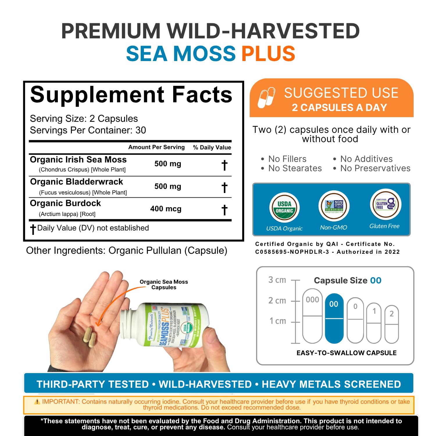 Power By Naturals SeaMoss Plus – USDA Organic Irish Sea Moss Capsules with Bladderwrack & Burdock Root (60 Count)