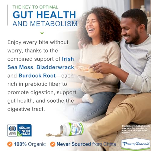 Power By Naturals SeaMoss Plus – USDA Organic Irish Sea Moss Capsules with Bladderwrack & Burdock Root (60 Count)