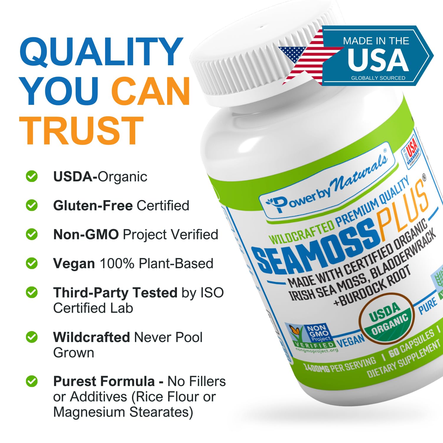 Power By Naturals Sea Moss Plus – Organic Irish Sea Moss with Bladderwrack & Burdock Root, 60 Capsules, 2 Pack