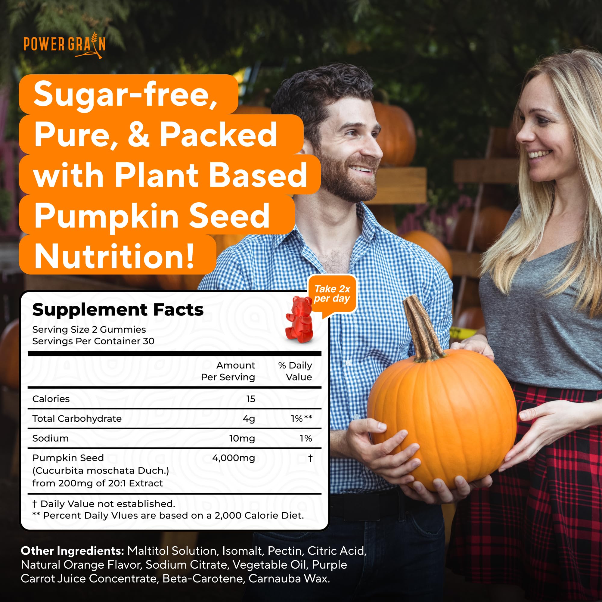 Power Grain Sugar-Free Pumpkin Seed Oil Gummies 4000mg – Hair Growth, Skin, Prostate & Bladder Support | Vegan, Non-GMO, Orange Flavor | 60 Gummies