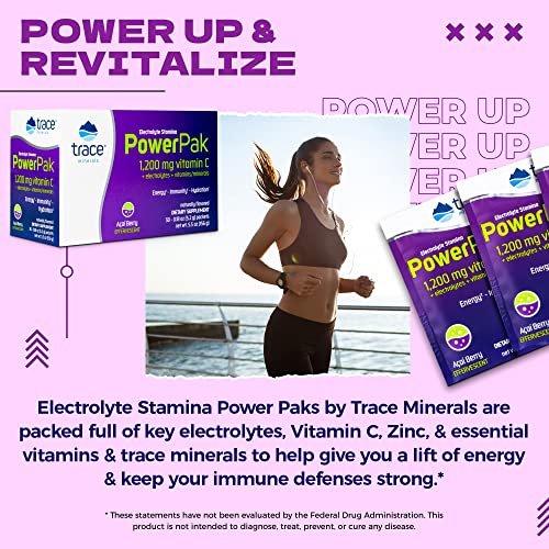 Trace Minerals Power Pak Multivitamin & Multimineral Packets – Acai Berry Flavor, Electrolyte Support, 1200 mg Vitamin C, 70+ Minerals, 90 Packets