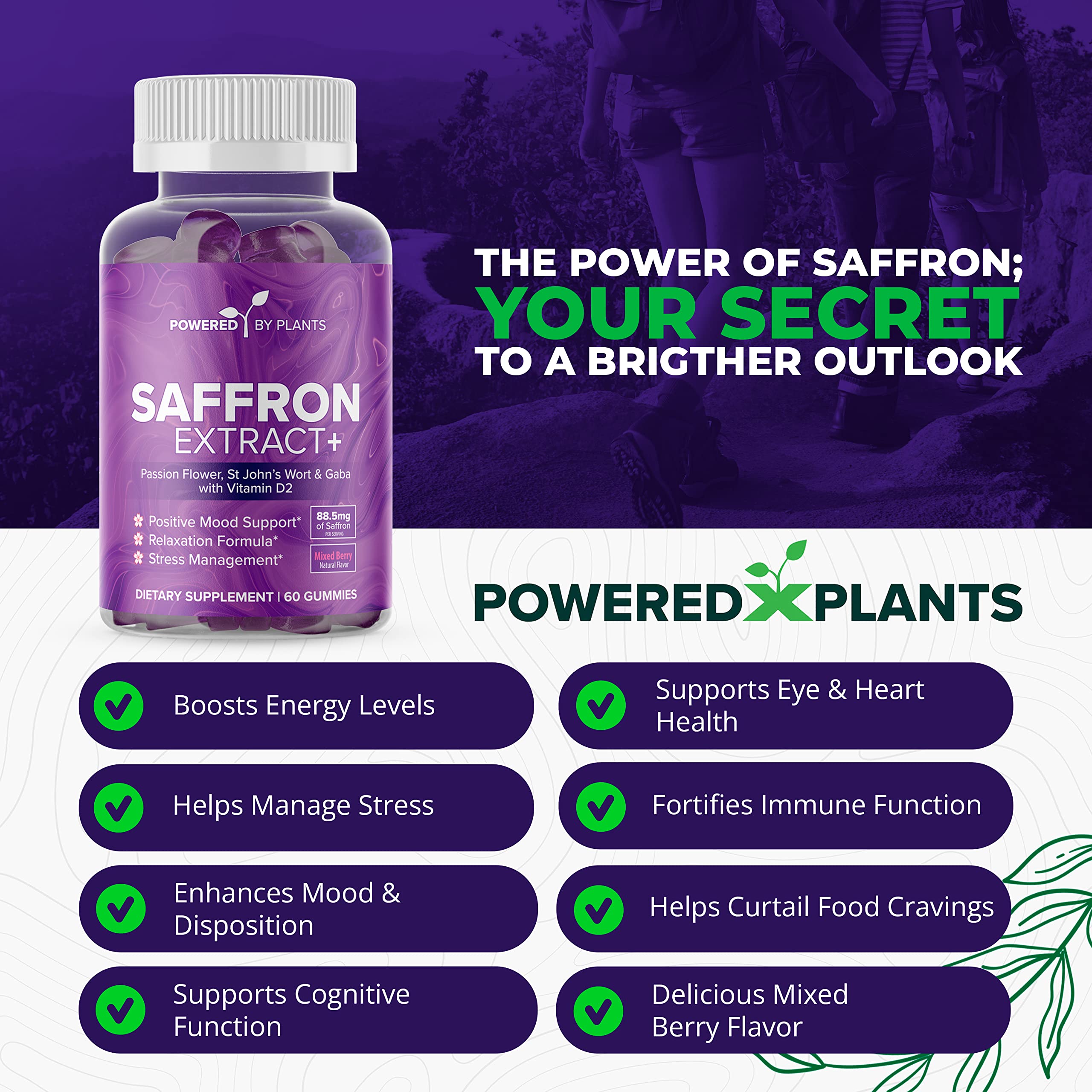 POWERED X PLANTS Saffron Gummies with Passionflower & Vitamin D2 | Mood Support, Energy & Digestion – 60 Servings
