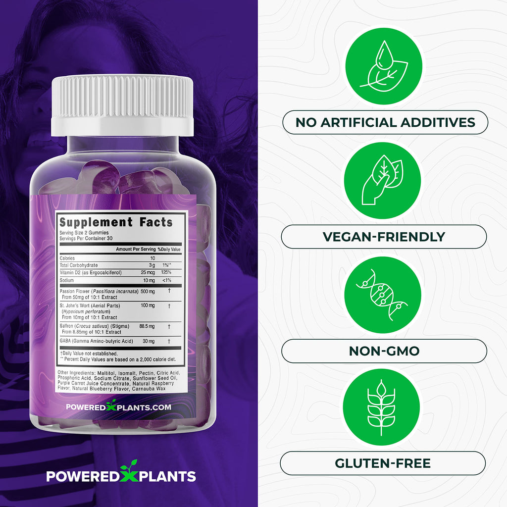 POWERED X PLANTS Saffron Gummies with Passionflower & Vitamin D2 | Mood Support, Energy & Digestion – 60 Servings