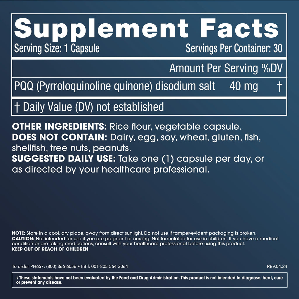 Pure PQQ 40 mg – Extra Strength Pyrroloquinoline Quinone, 30 Capsules | Third-Party Tested
