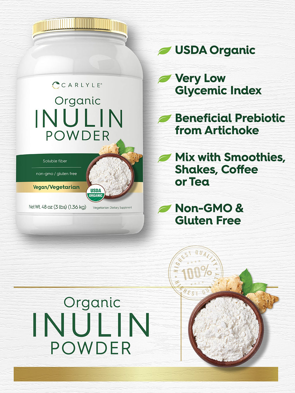 Carlyle Organic Inulin Powder 48oz | Prebiotic Fiber from Jerusalem Artichoke | Vegan & Non-GMO