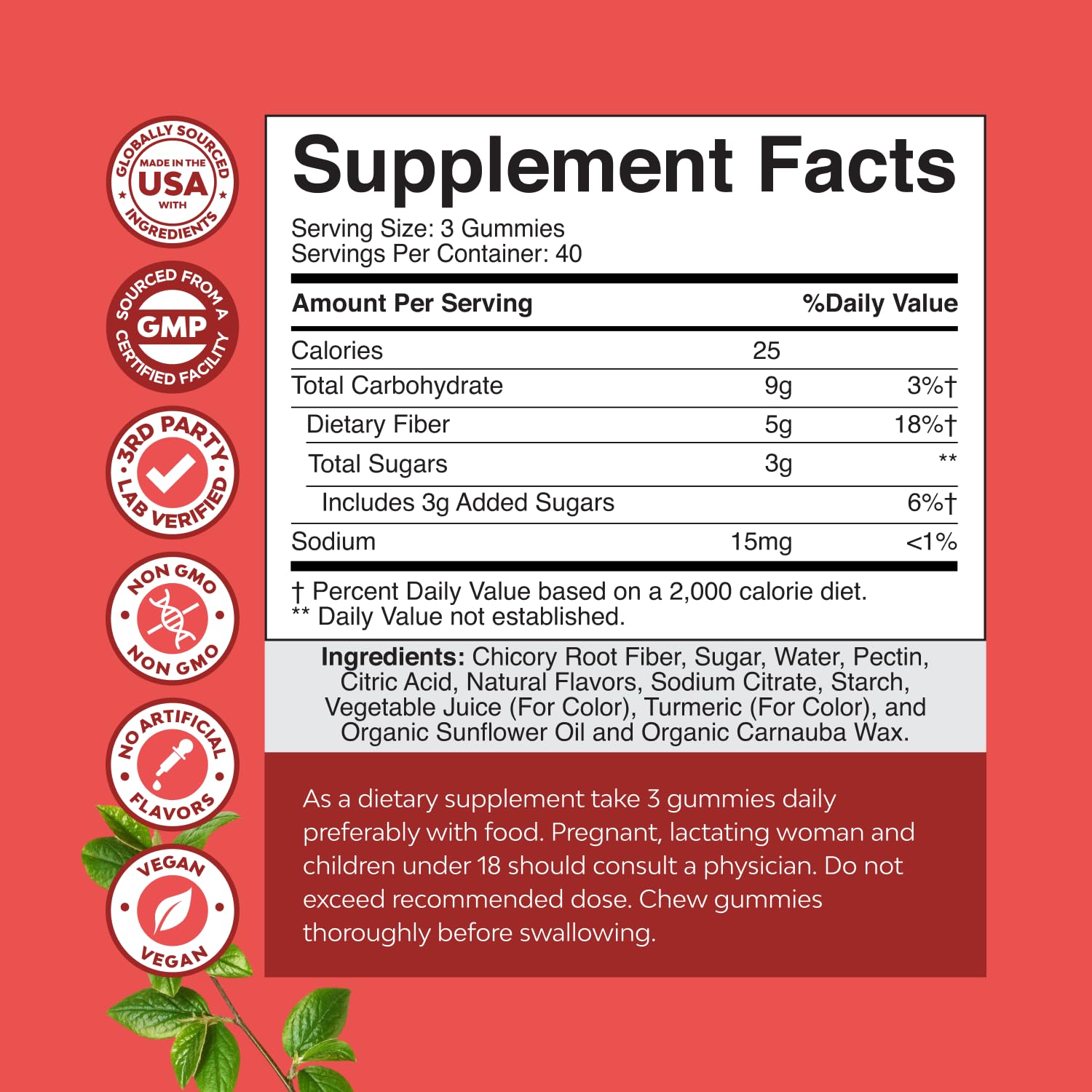 Tasty Prebiotic Fiber Gummies for Adults – High-Fiber, Non-GMO, Vegan, Halal (120 count)