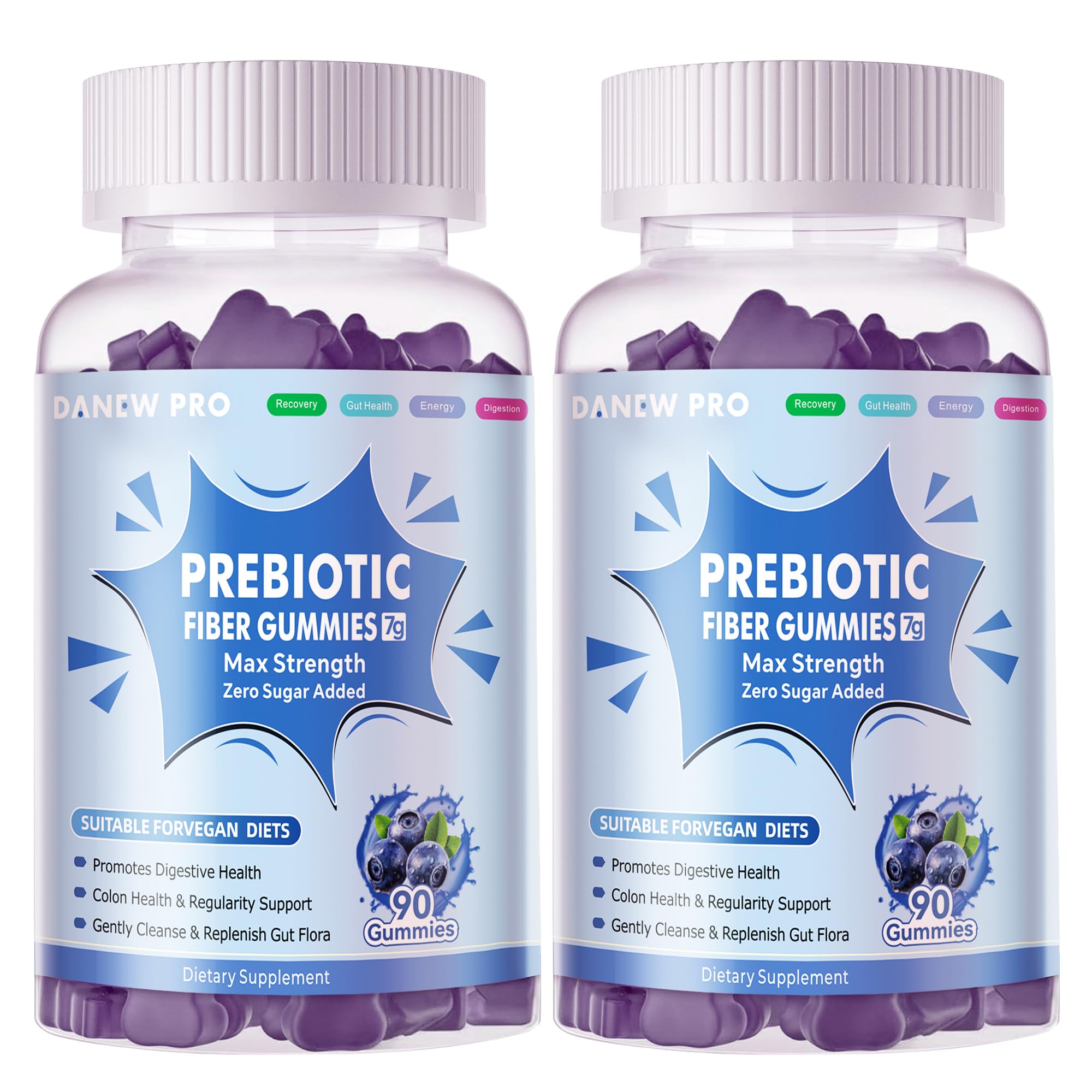 Prebiotic Fiber Gummies for Adults – 7g Per Serving, Zero Sugar Added, 90 Gummies per Bottle, Pectin Based, Blueberry Flavor – 2-Pack
