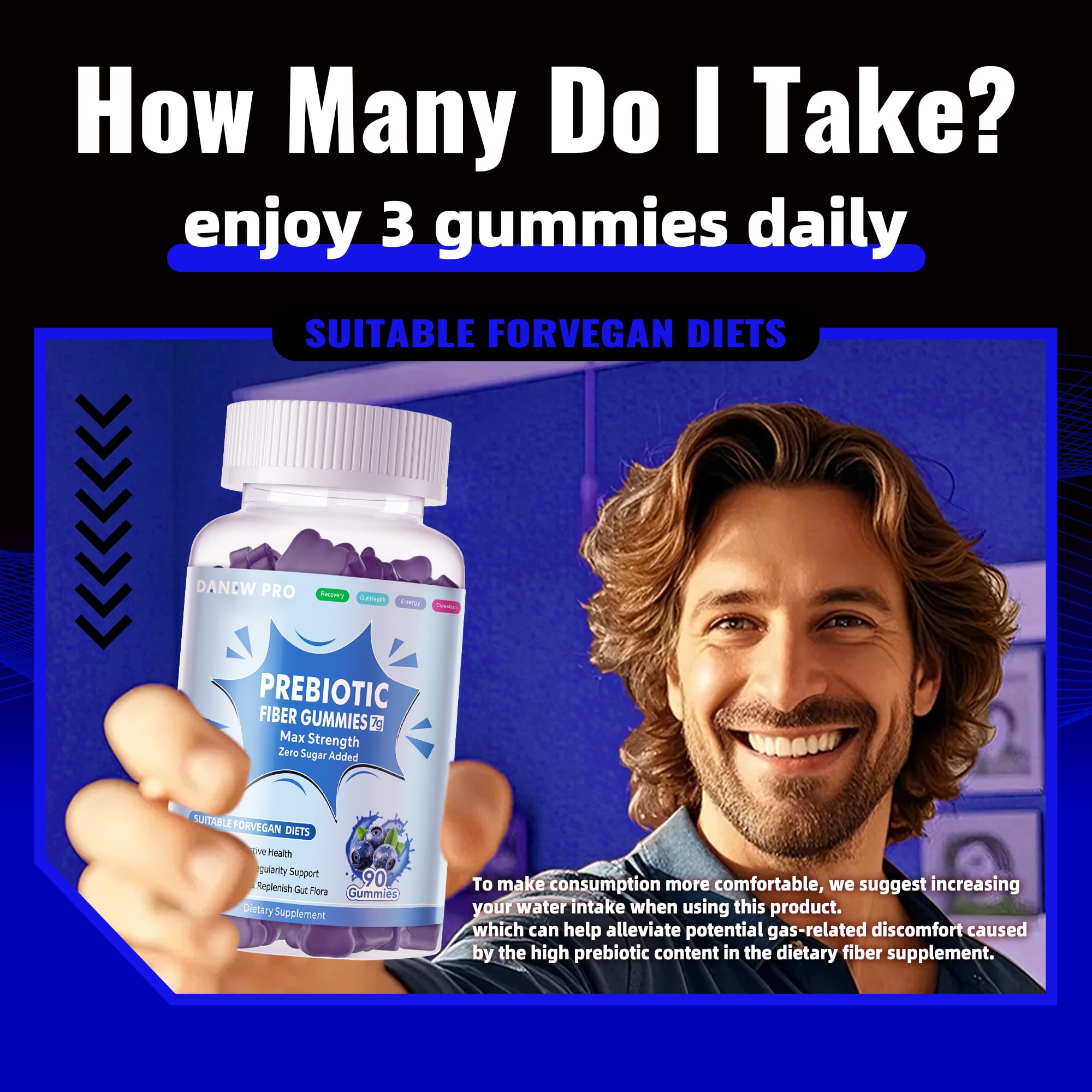 Prebiotic Fiber Gummies for Adults – 7g Per Serving, Zero Sugar Added, 90 Gummies per Bottle, Pectin Based, Blueberry Flavor – 2-Pack