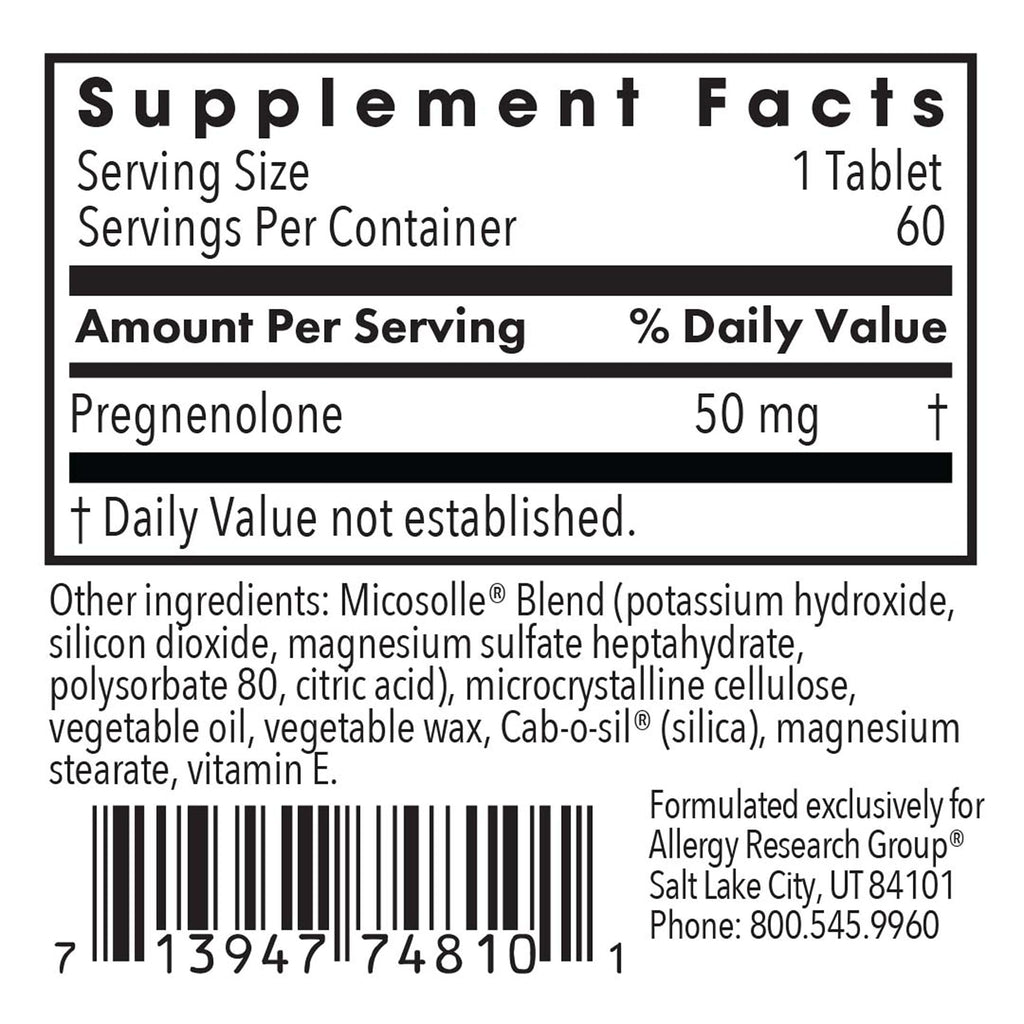 Allergy Research Group Pregnenolone Supplement 50mg - Hormone & Stress Support - Non-GMO Wild Yam, Micronized Lipid Matrix, Plant-Sourced - 60 Tablets