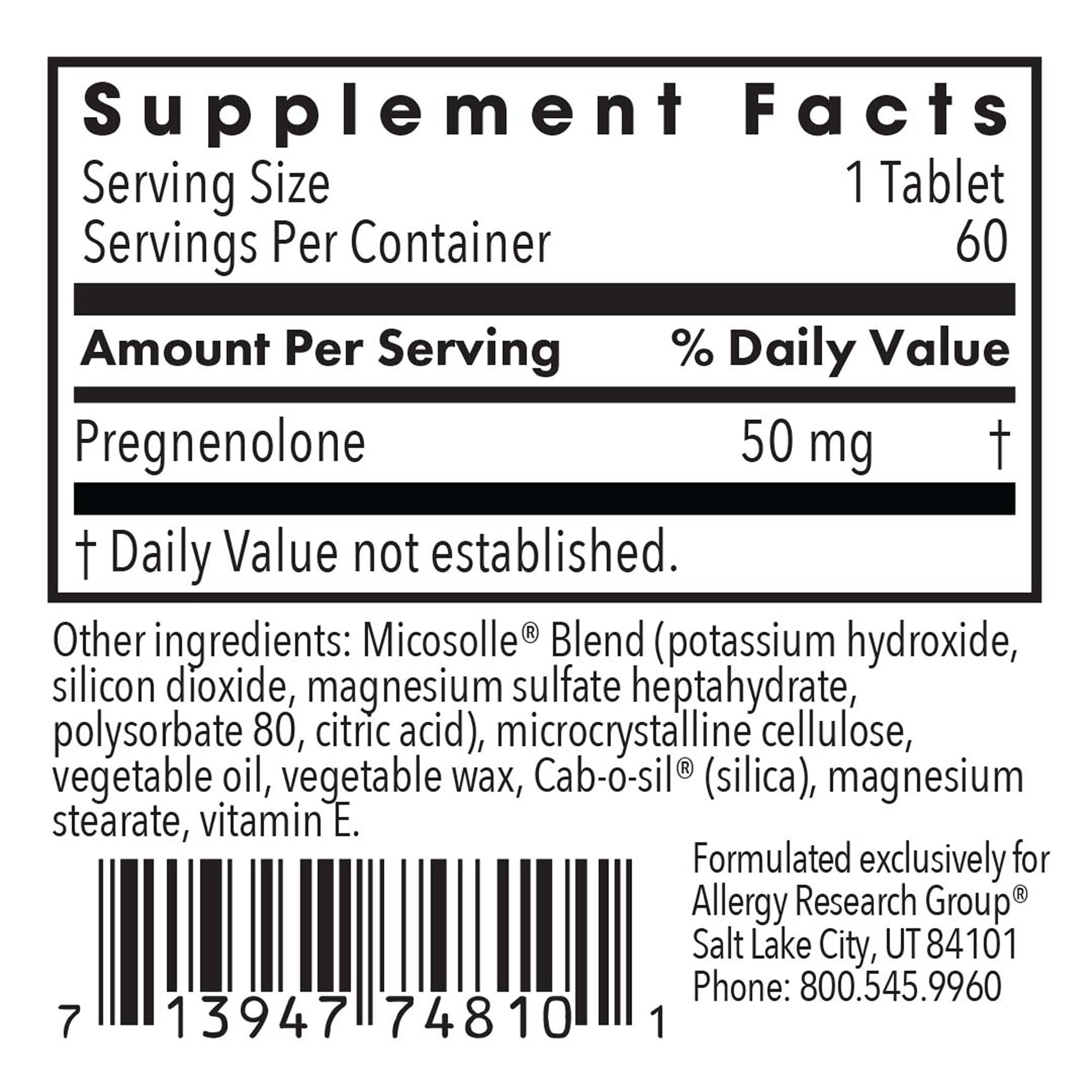 Allergy Research Group Pregnenolone Supplement 50mg - Hormone & Stress Support - Non-GMO Wild Yam, Micronized Lipid Matrix, Plant-Sourced - 60 Tablets