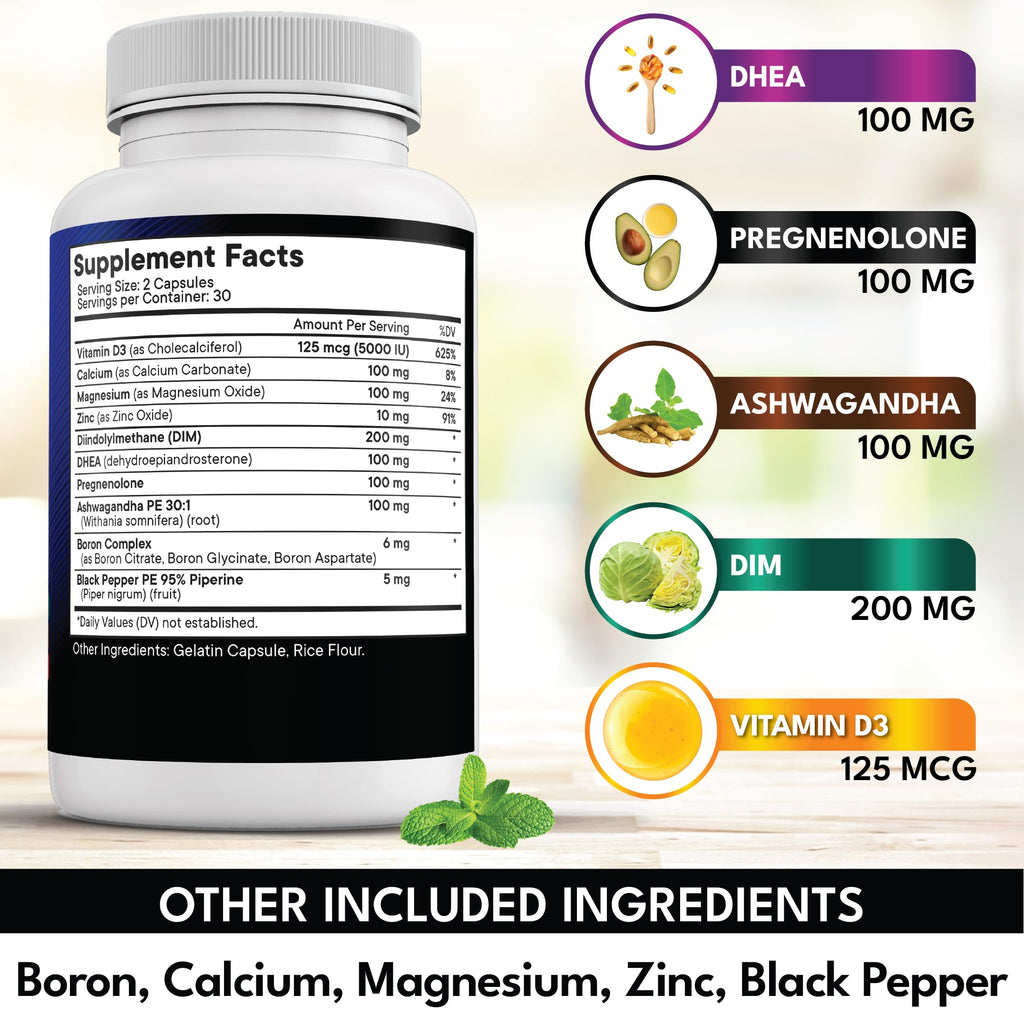 NEW AGE DHEA Supplement - Pregnenolone for Men & Women with DIM, Vitamin D3 5000 IU - 120 Count