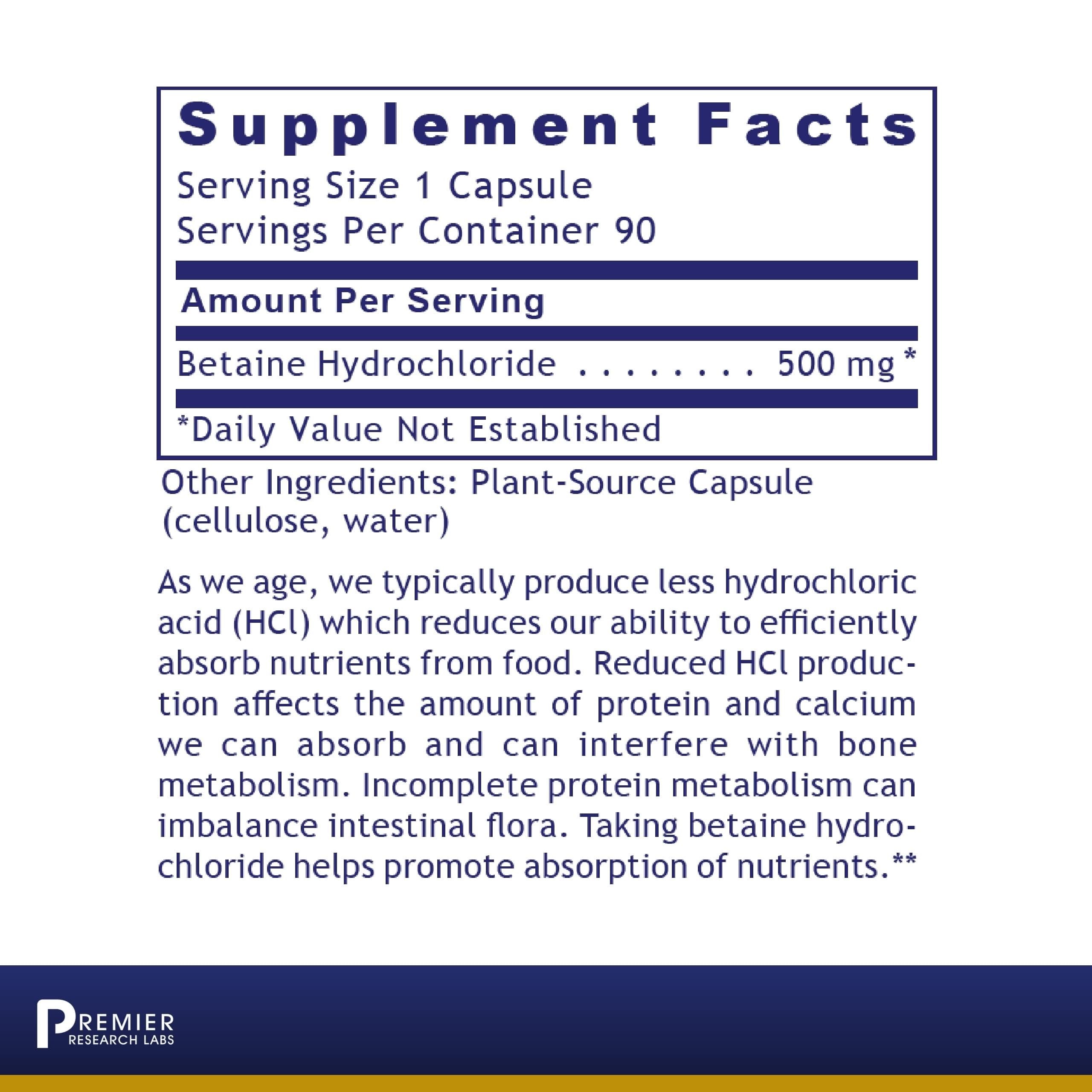 Premier HCL Betaine HCL | Digestive Support & Nutrient Absorption | 90 Vegetarian Capsules
