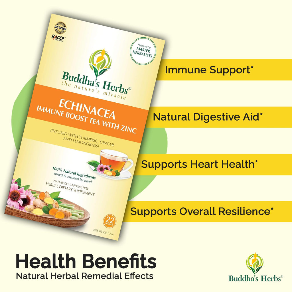 Premium Echinacea Tea with Zinc (Pack of 4, 88 Tea Bags) - Decaffeinated Organic Herbal Tea for Immune Health