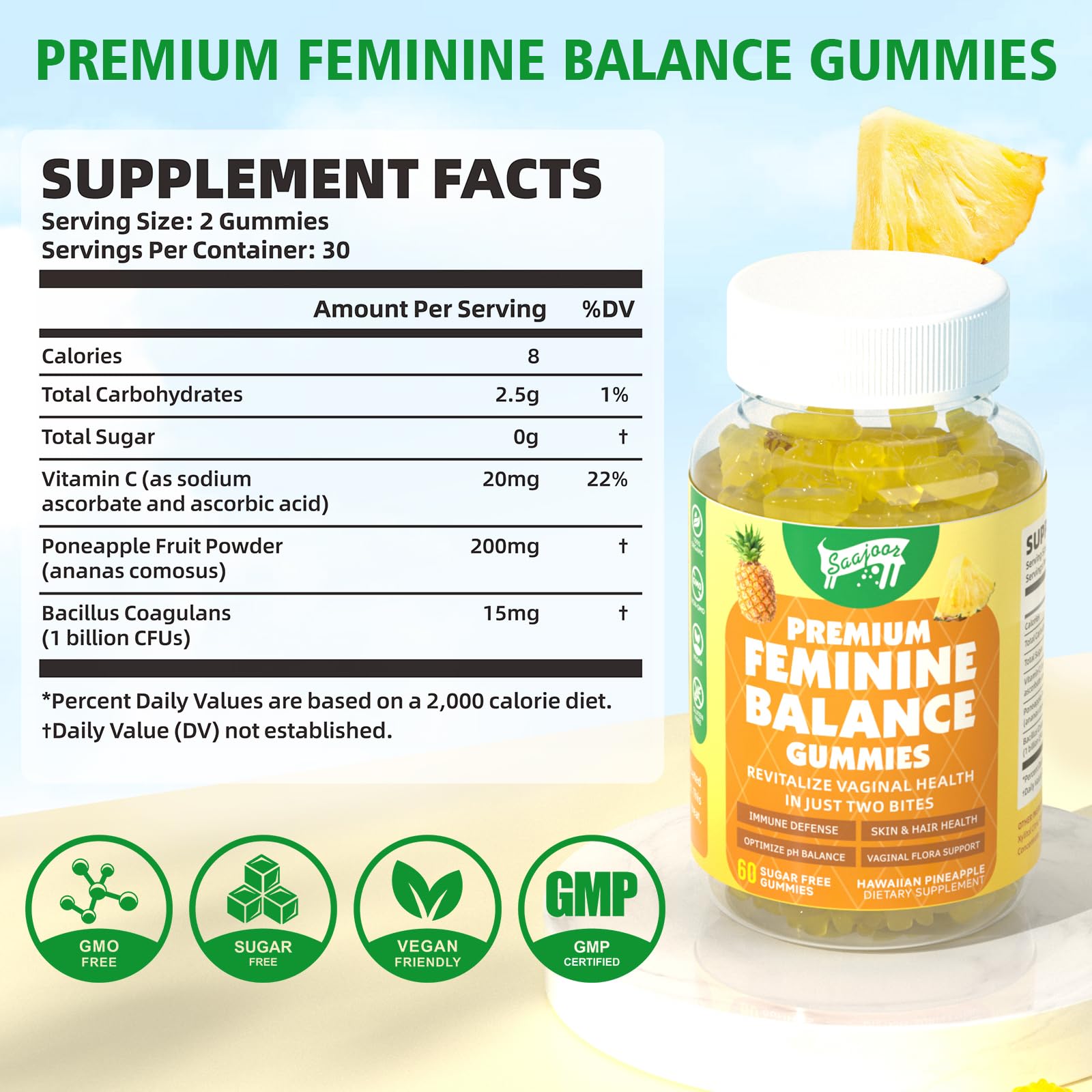 Premium Feminine Balance Gummies for Immune Health & pH Support – Pineapple, Vegan